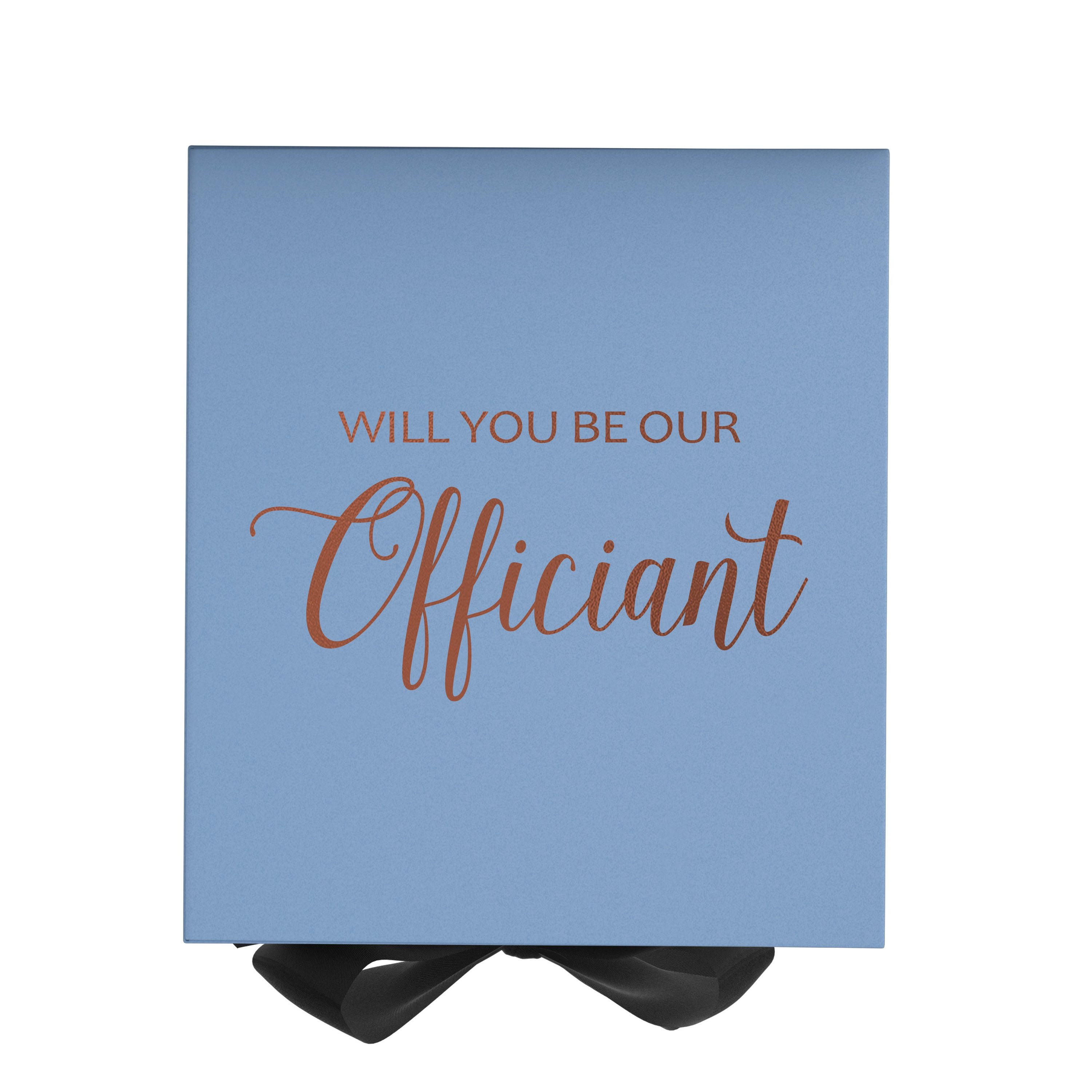 Light blue proposal box with black bow and metallic writing, elegantly designed for officiant proposals.