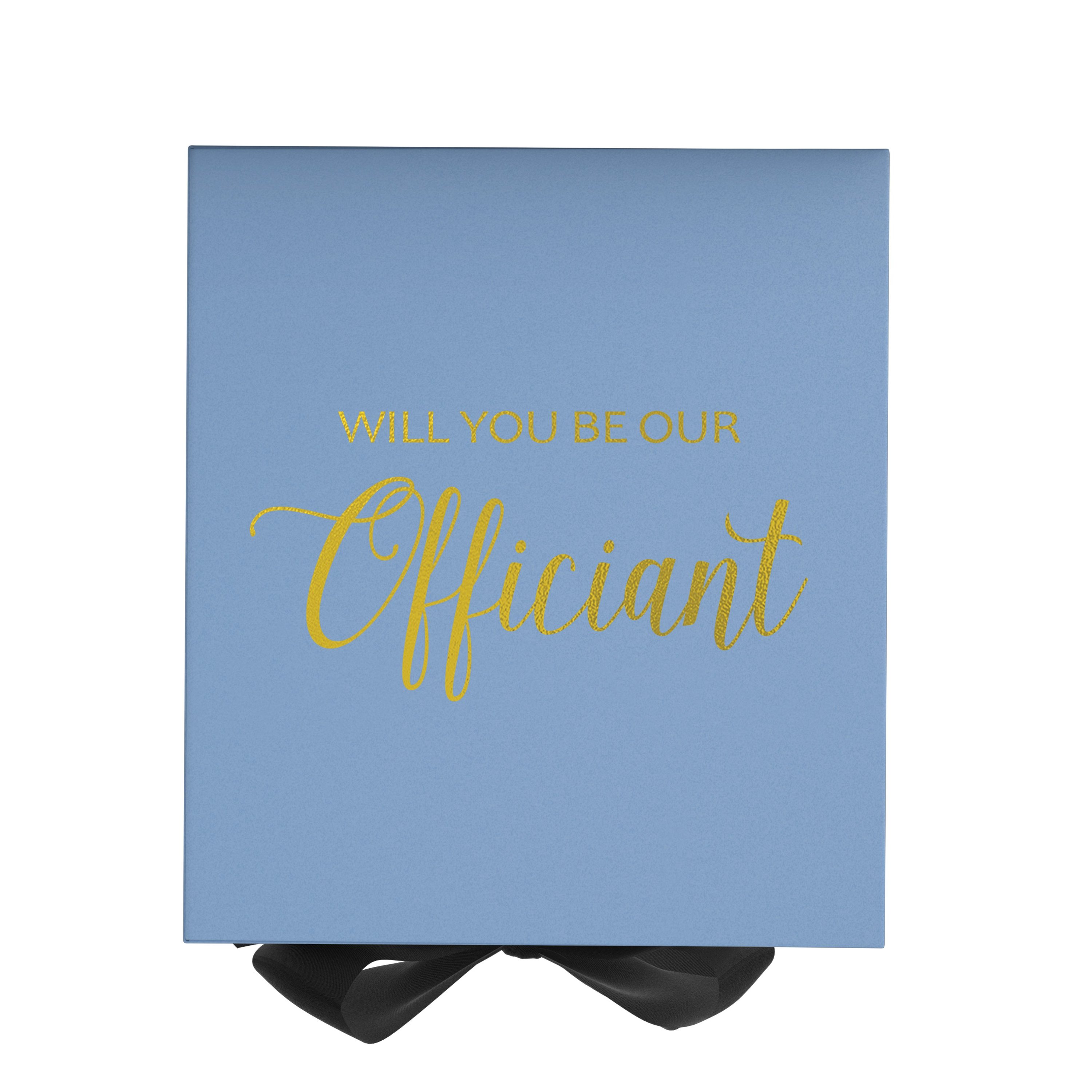 Light blue proposal box with black bow and metallic writing, elegantly designed for officiant proposals.