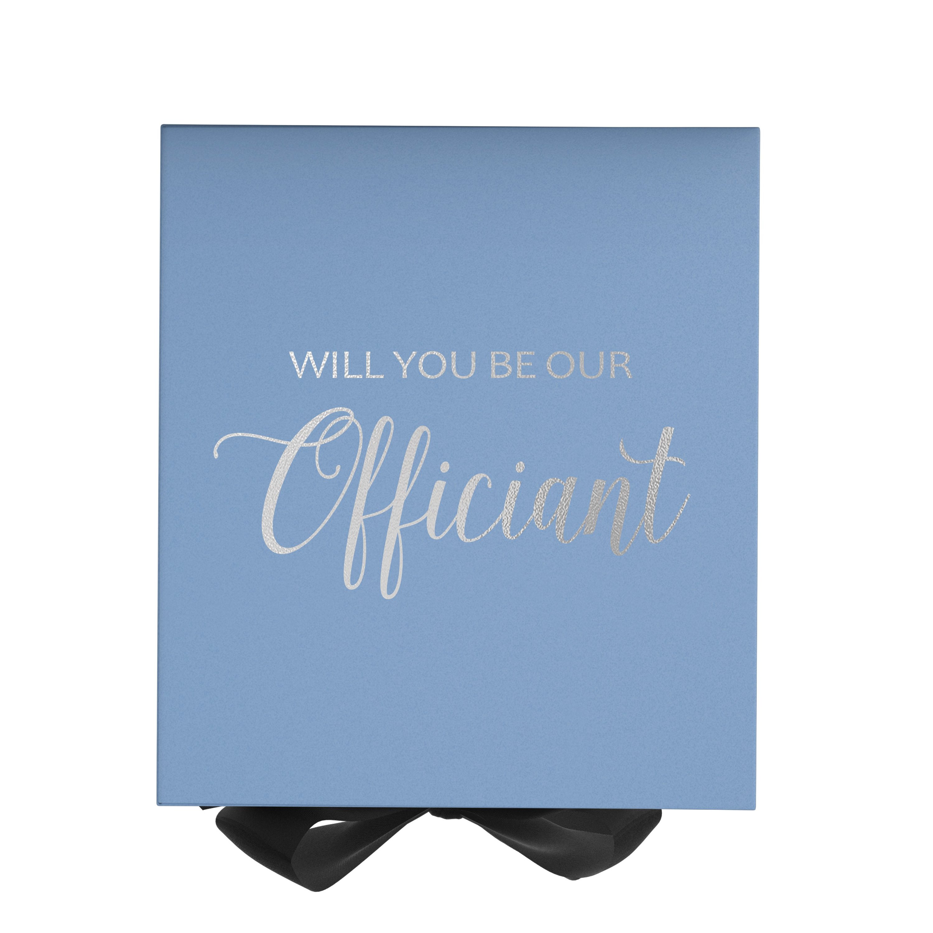 Light blue proposal box with black bow and metallic writing, elegantly designed for officiant proposals.