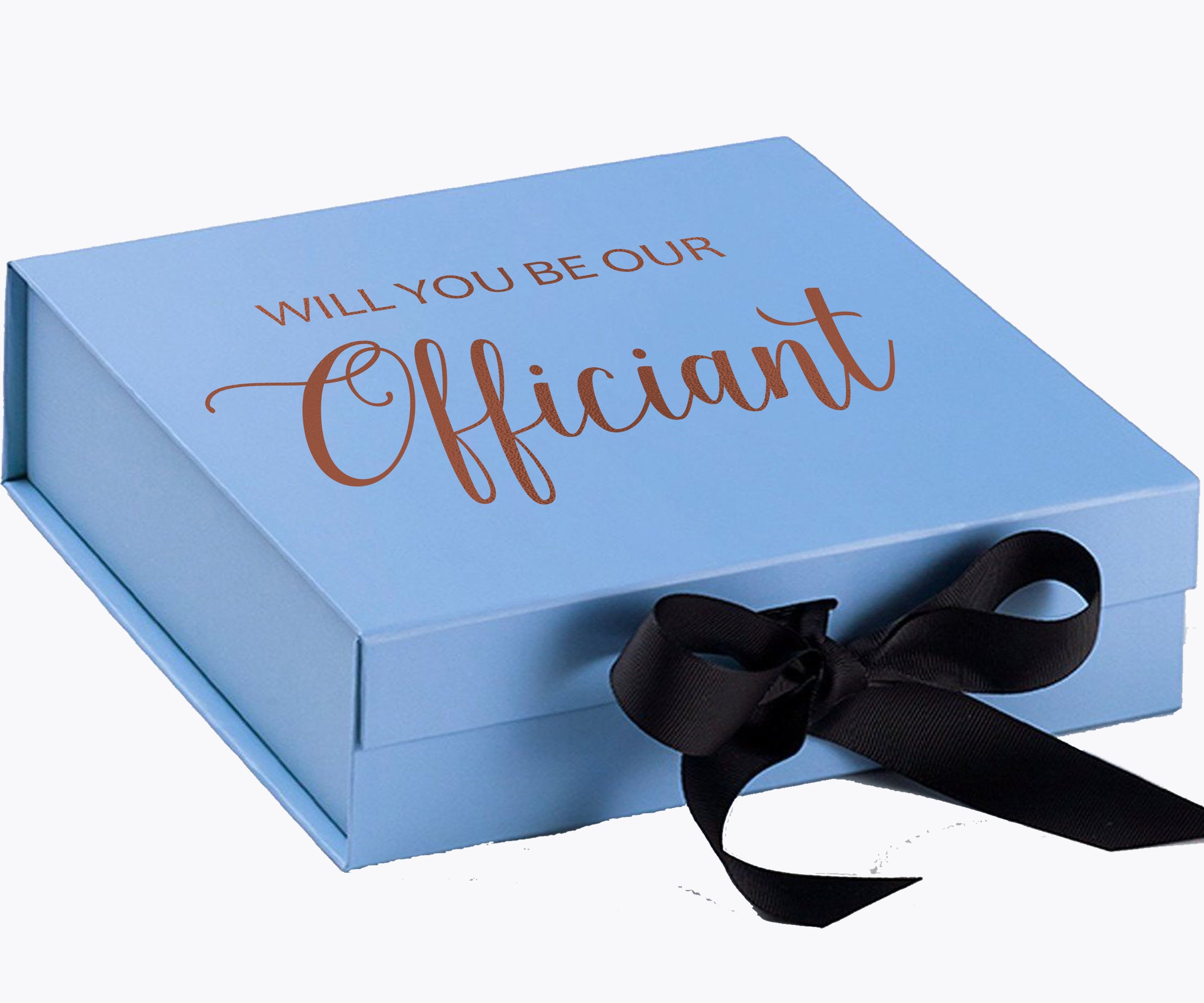 Light blue proposal box with black bow and metallic writing, elegantly designed for officiant proposals.