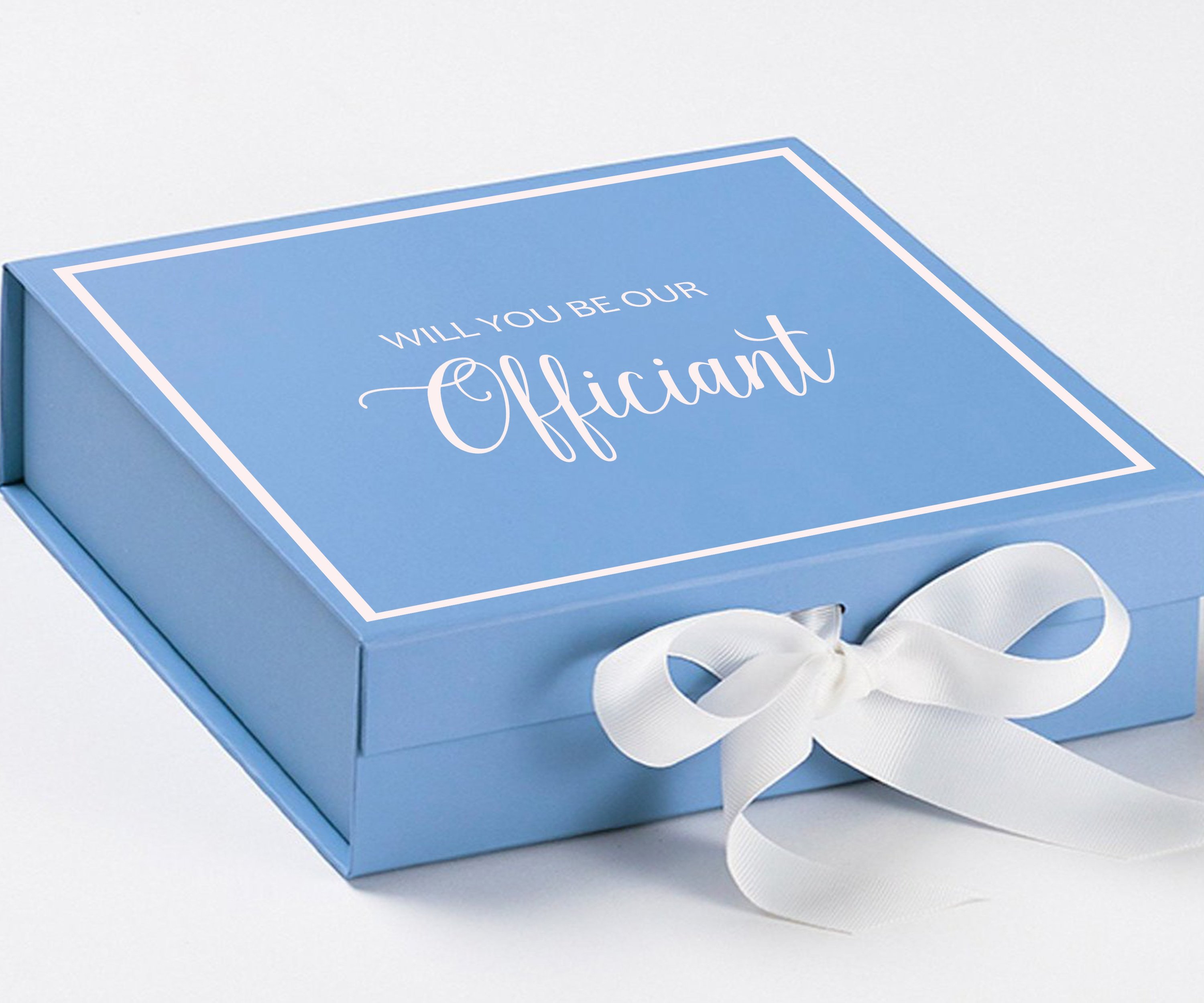 Light blue proposal box with white bow and metallic writing, perfect for officiant proposals.