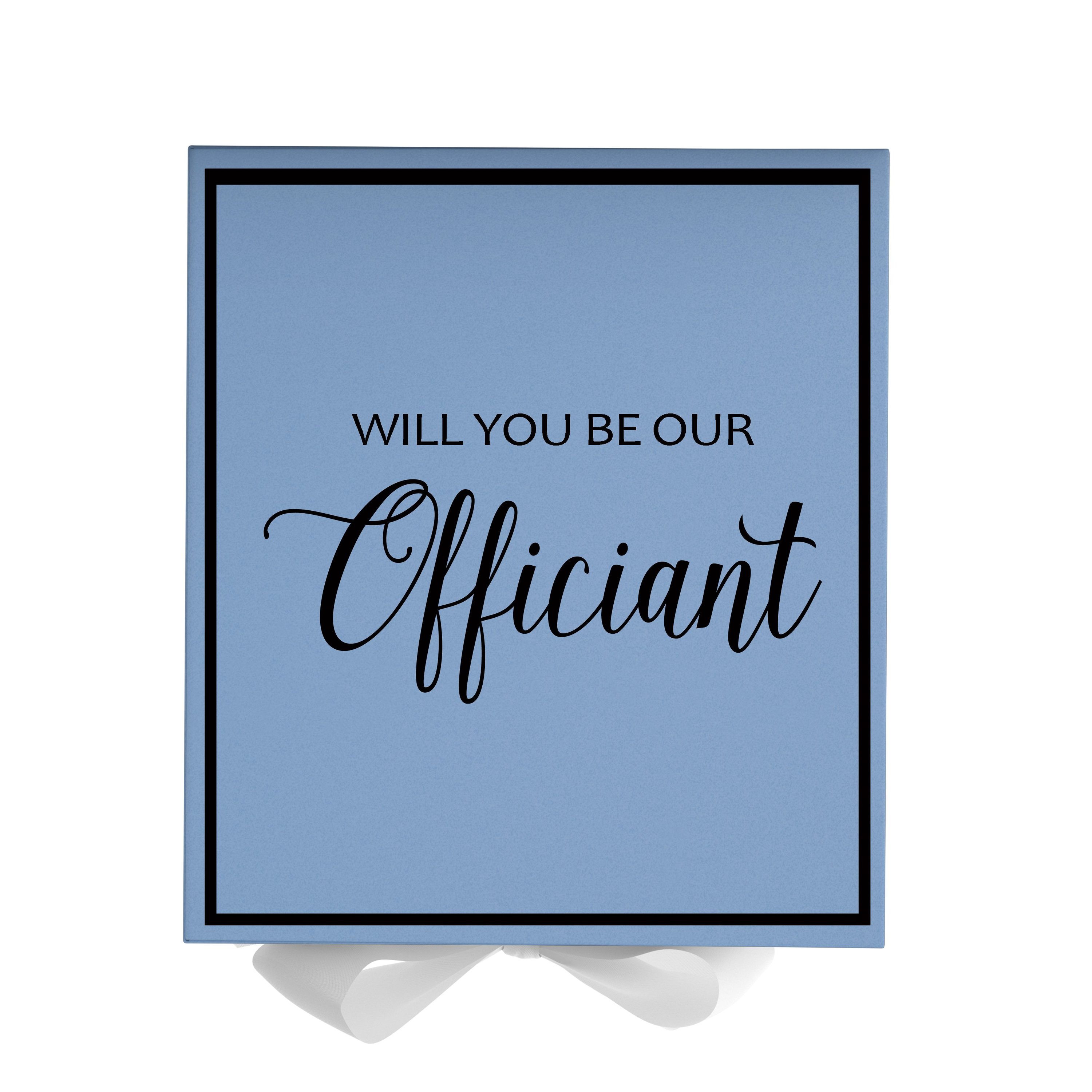 Light blue proposal box with white bow and metallic writing, perfect for officiant proposals.