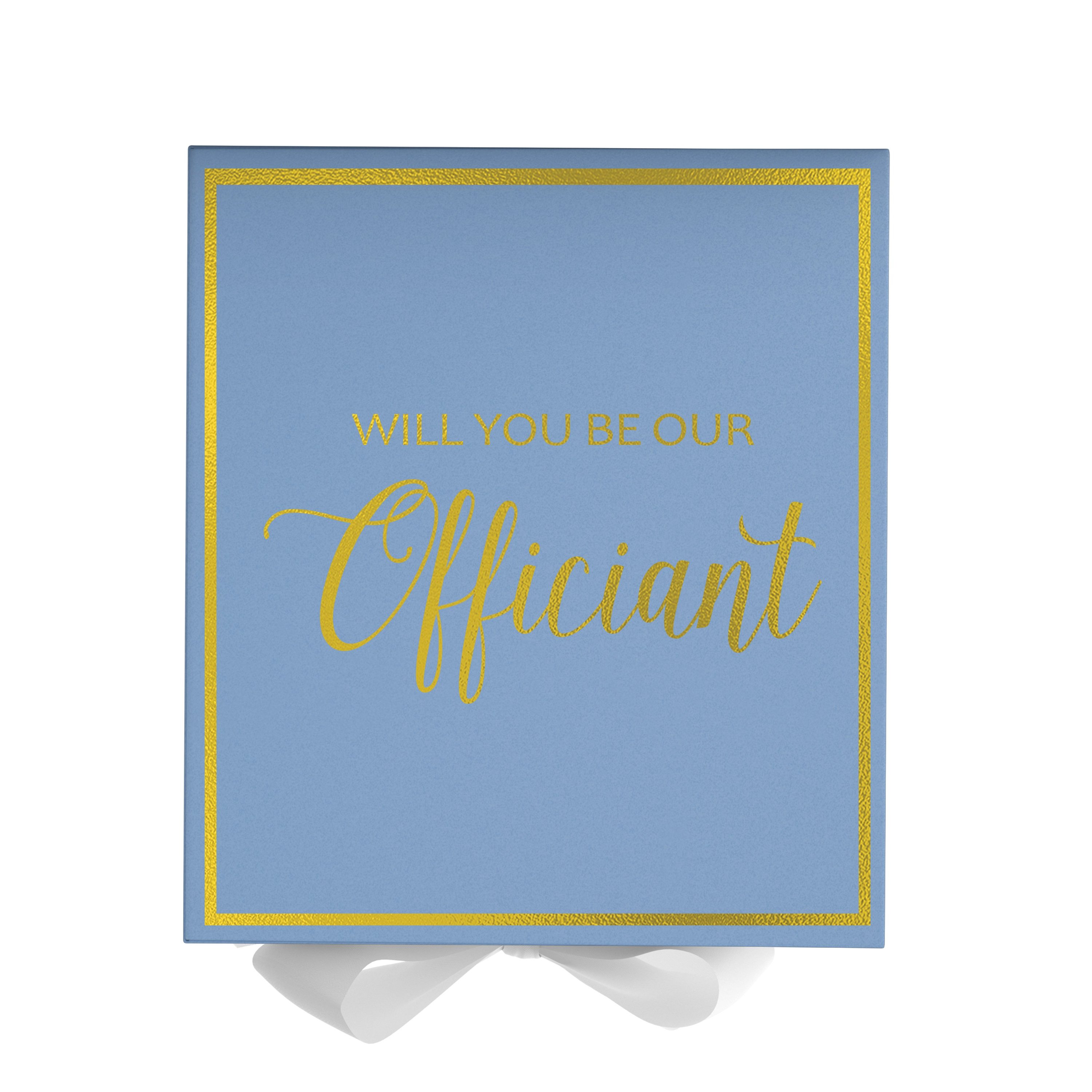 Light blue proposal box with white bow and metallic writing, perfect for officiant proposals.