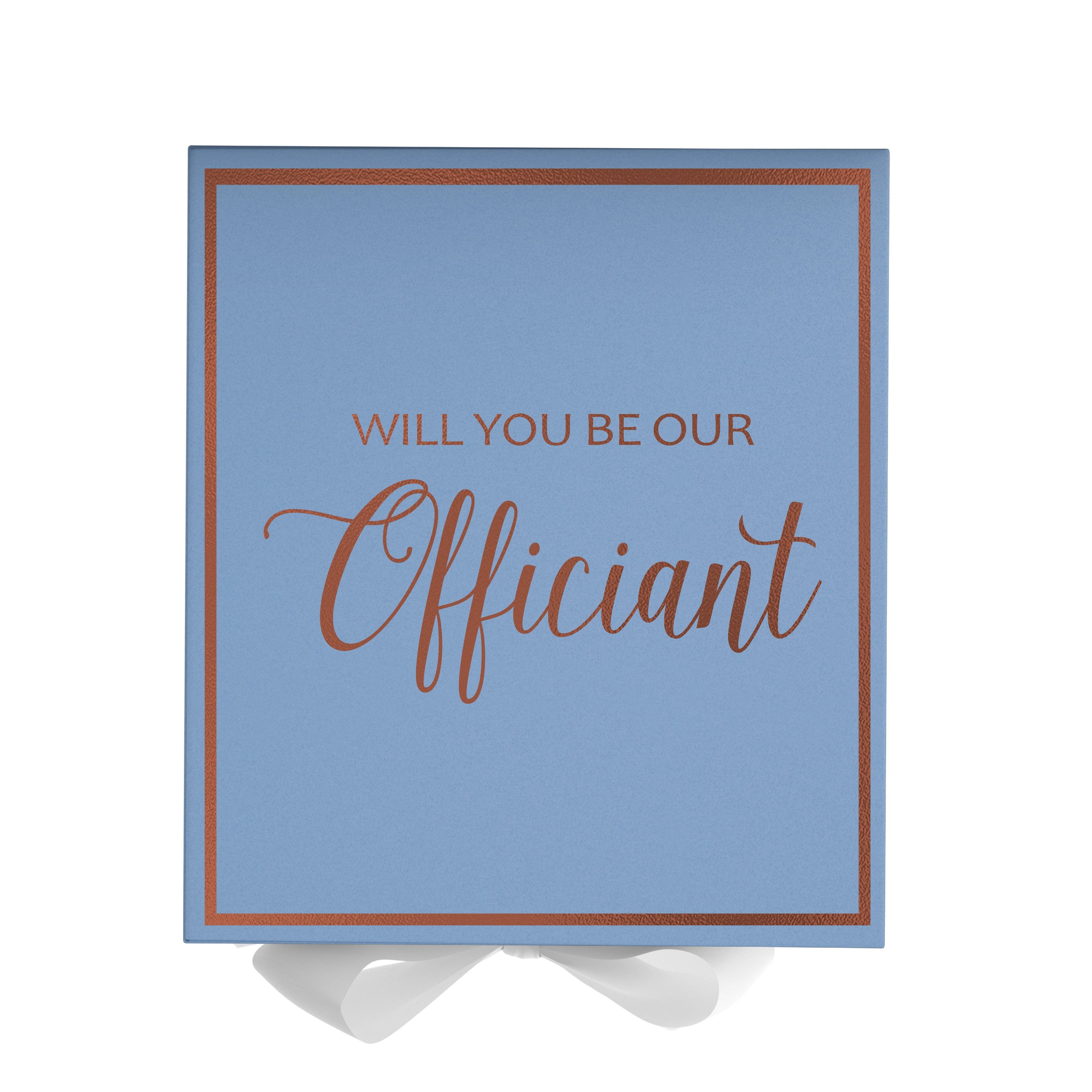 Light blue proposal box with white bow and metallic writing, perfect for officiant proposals.