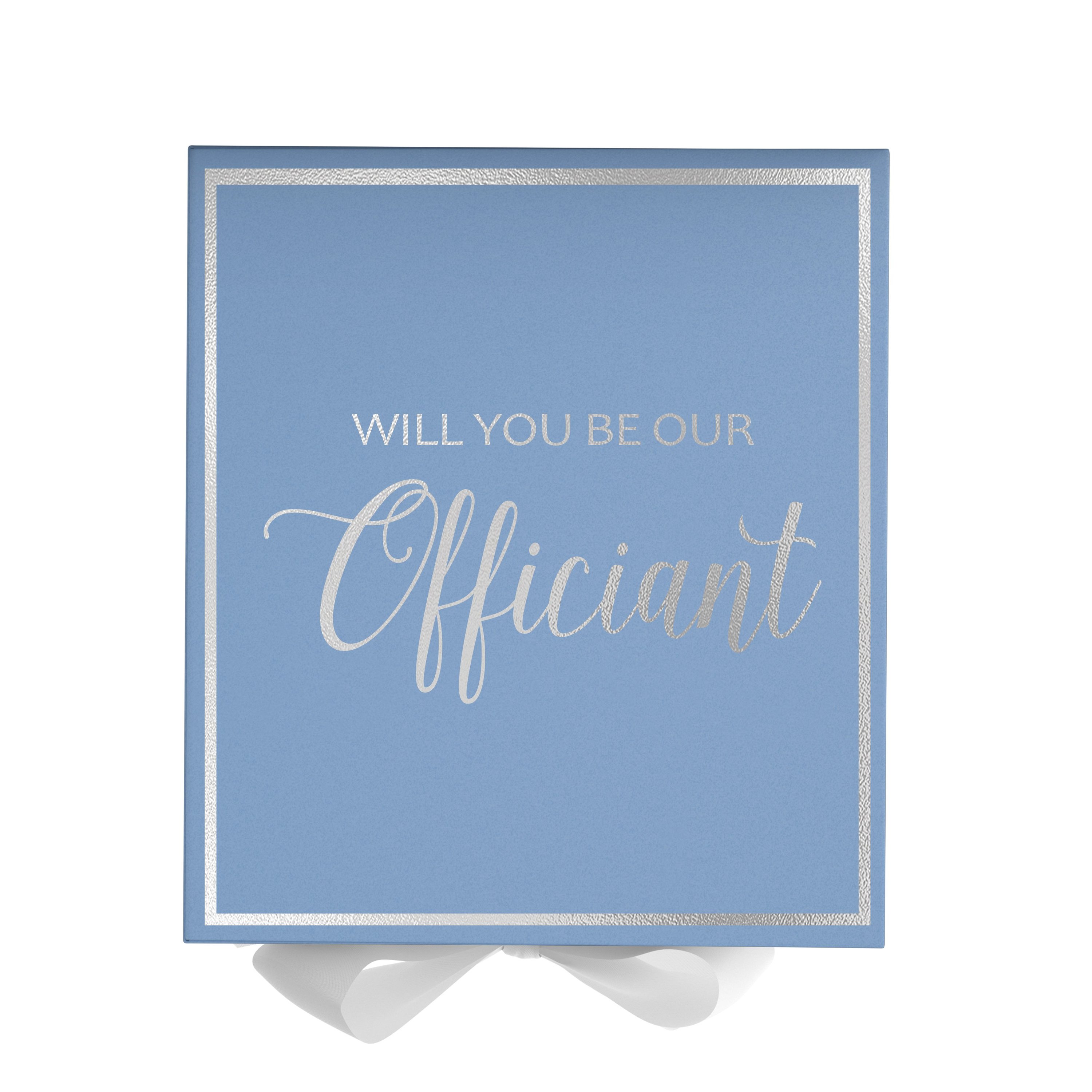 Light blue proposal box with white bow and metallic writing, perfect for officiant proposals.