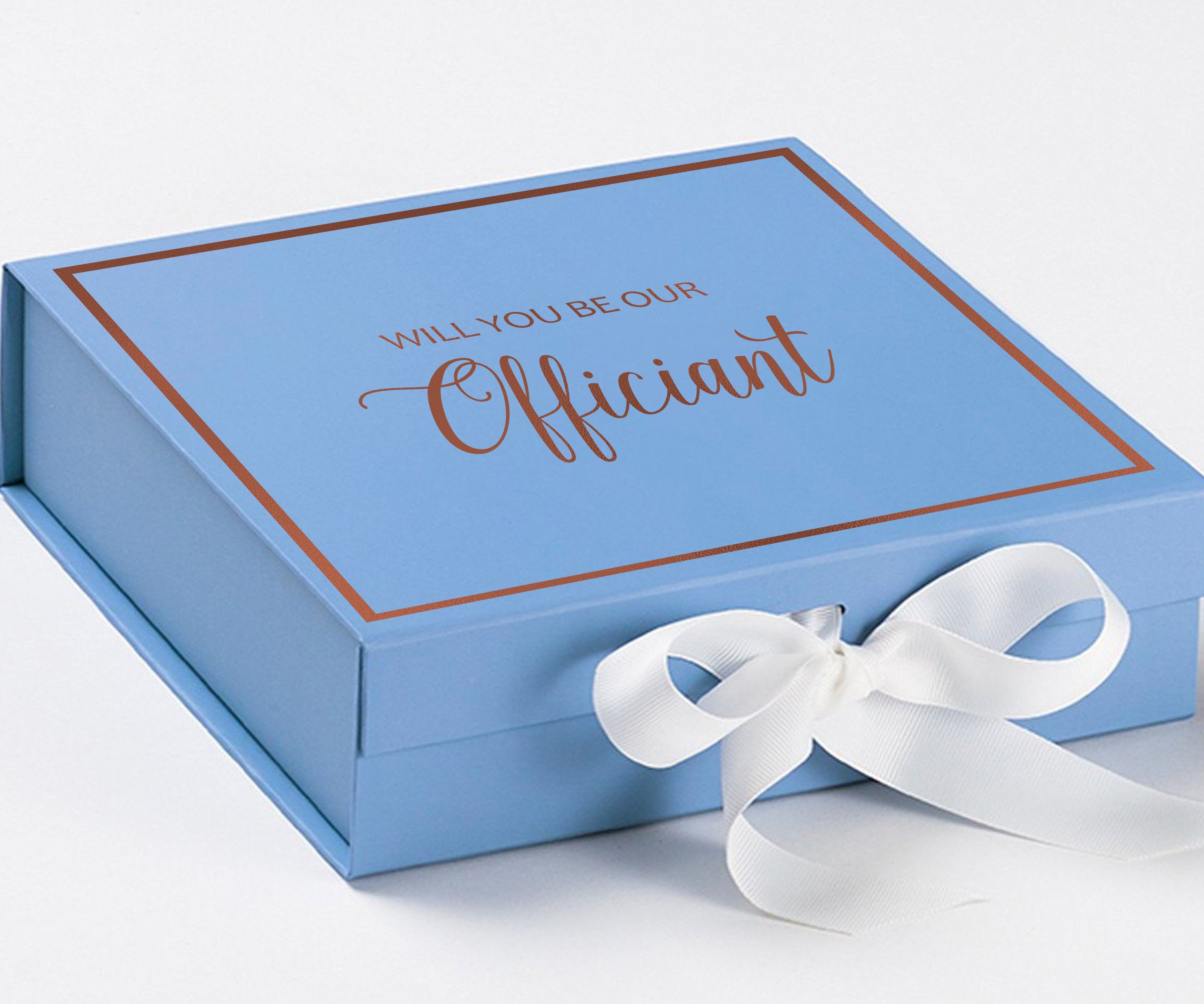 Light blue proposal box with white bow and metallic writing, perfect for officiant proposals.