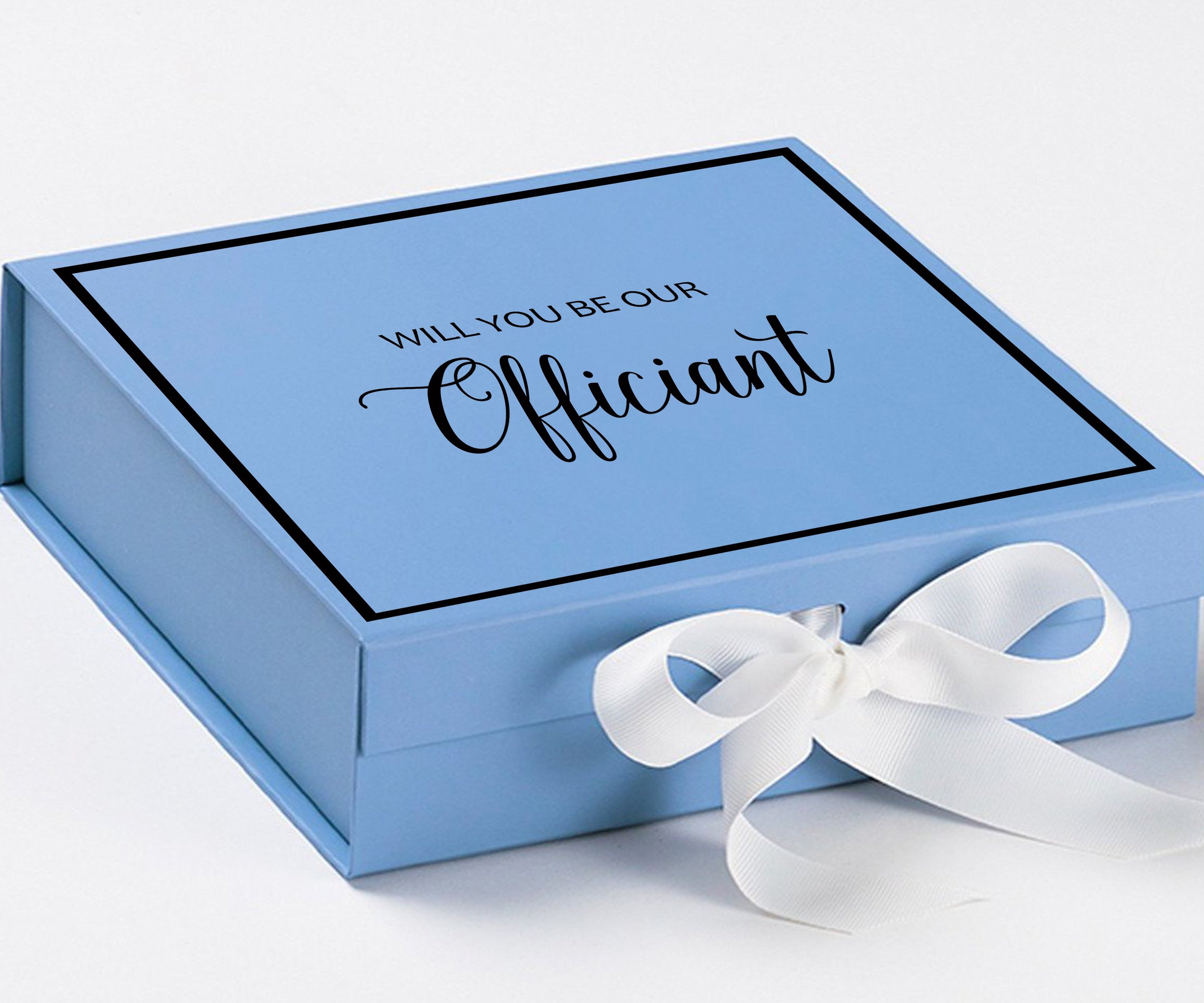 Light blue proposal box with white bow and metallic writing, perfect for officiant proposals.