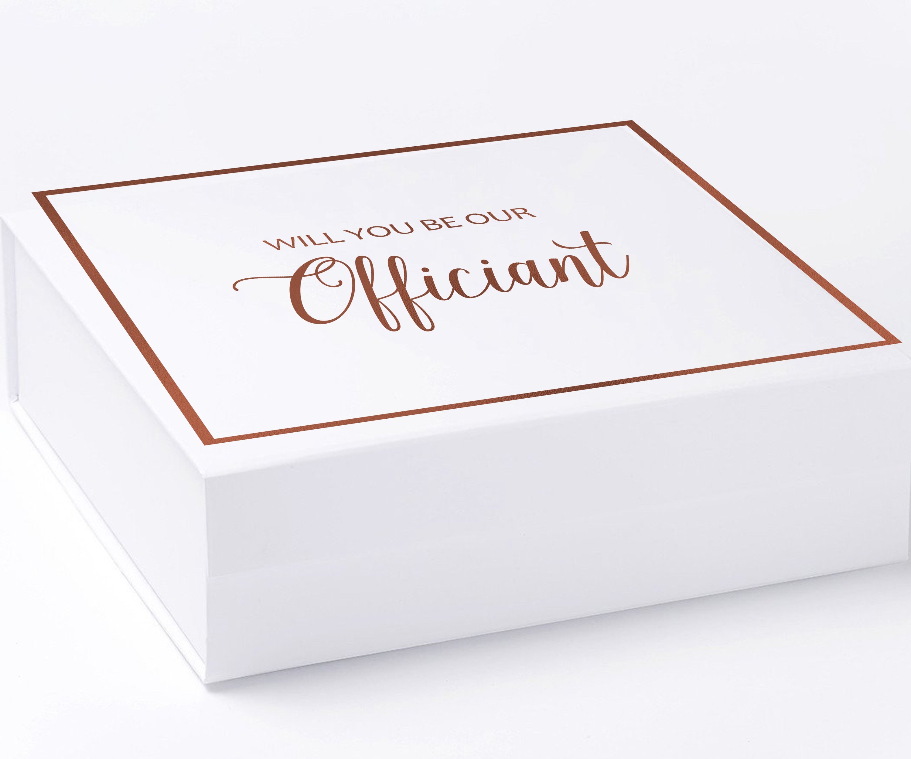 Elegant white proposal box with metallic writing, featuring a sleek design and no ribbon.