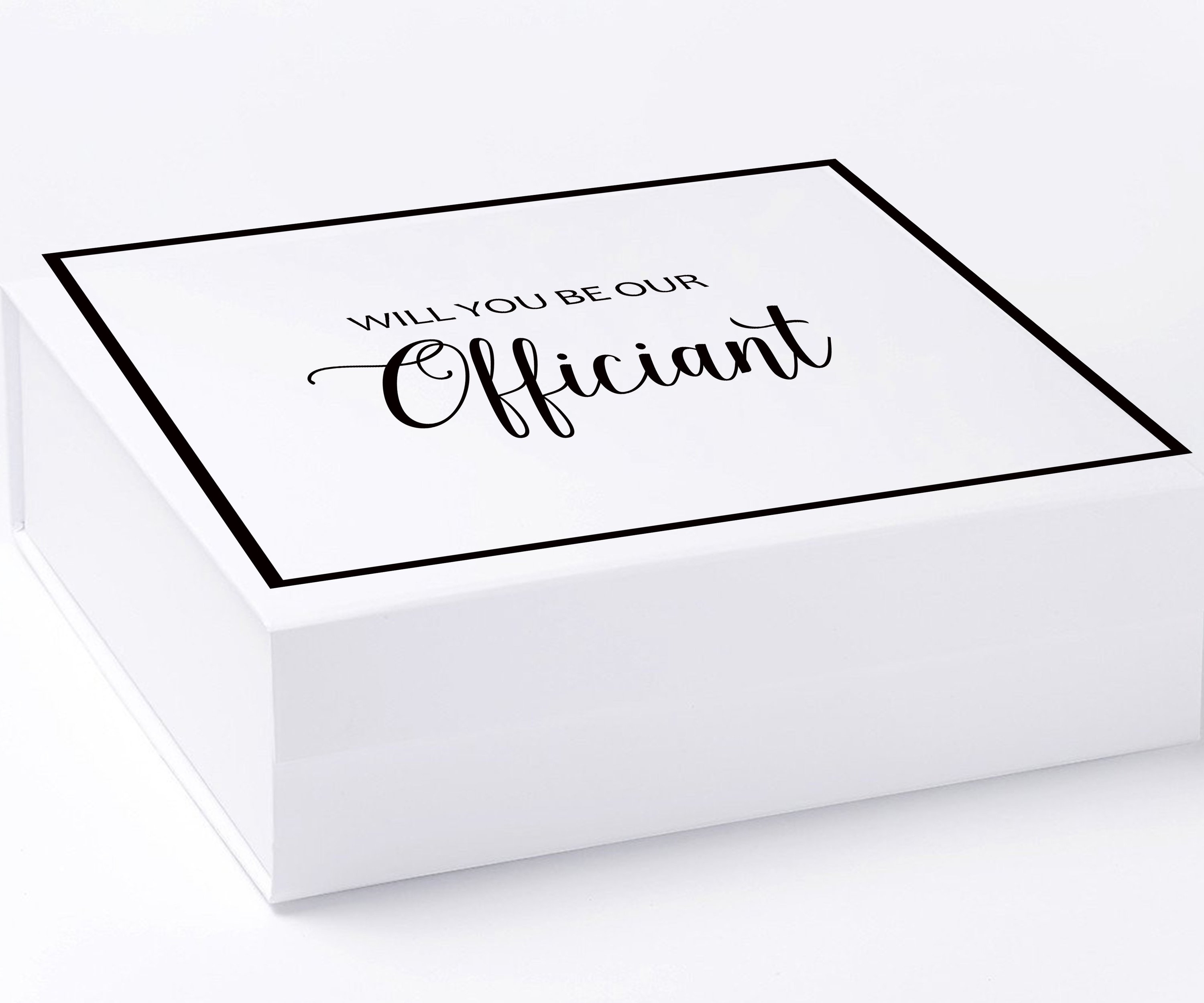 Elegant white proposal box with metallic writing, featuring a sleek design and no ribbon.