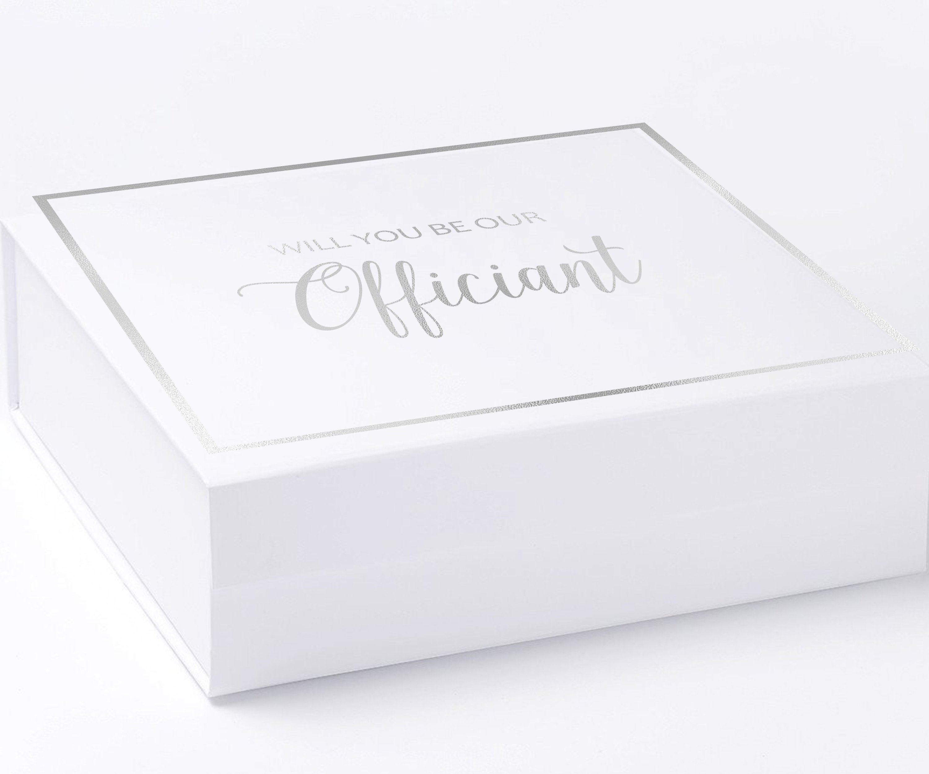 Elegant white proposal box with metallic writing, featuring a sleek design and no ribbon.