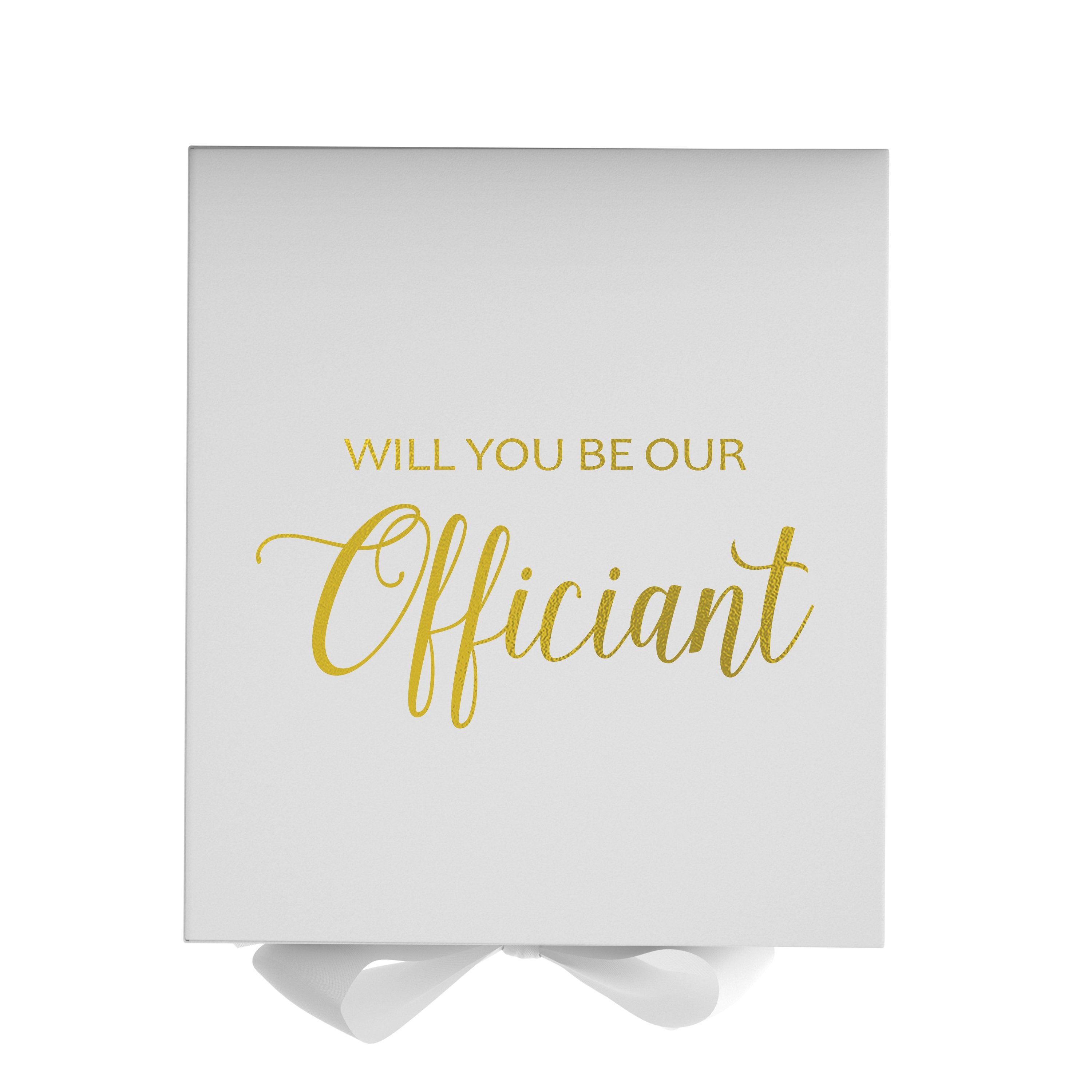 Elegant white proposal box with metallic writing, featuring a white bow and no border design.