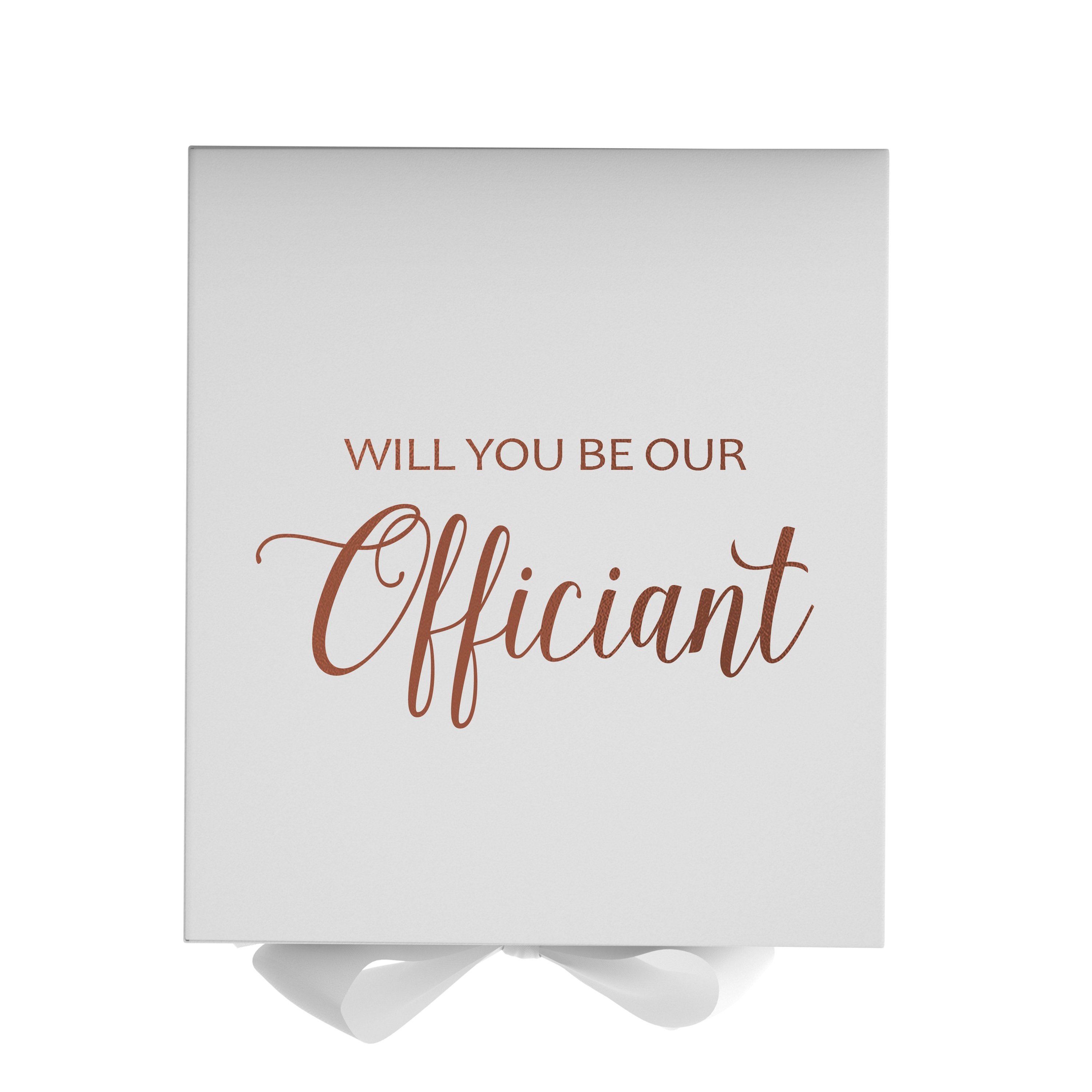 Elegant white proposal box with metallic writing, featuring a white bow and no border design.