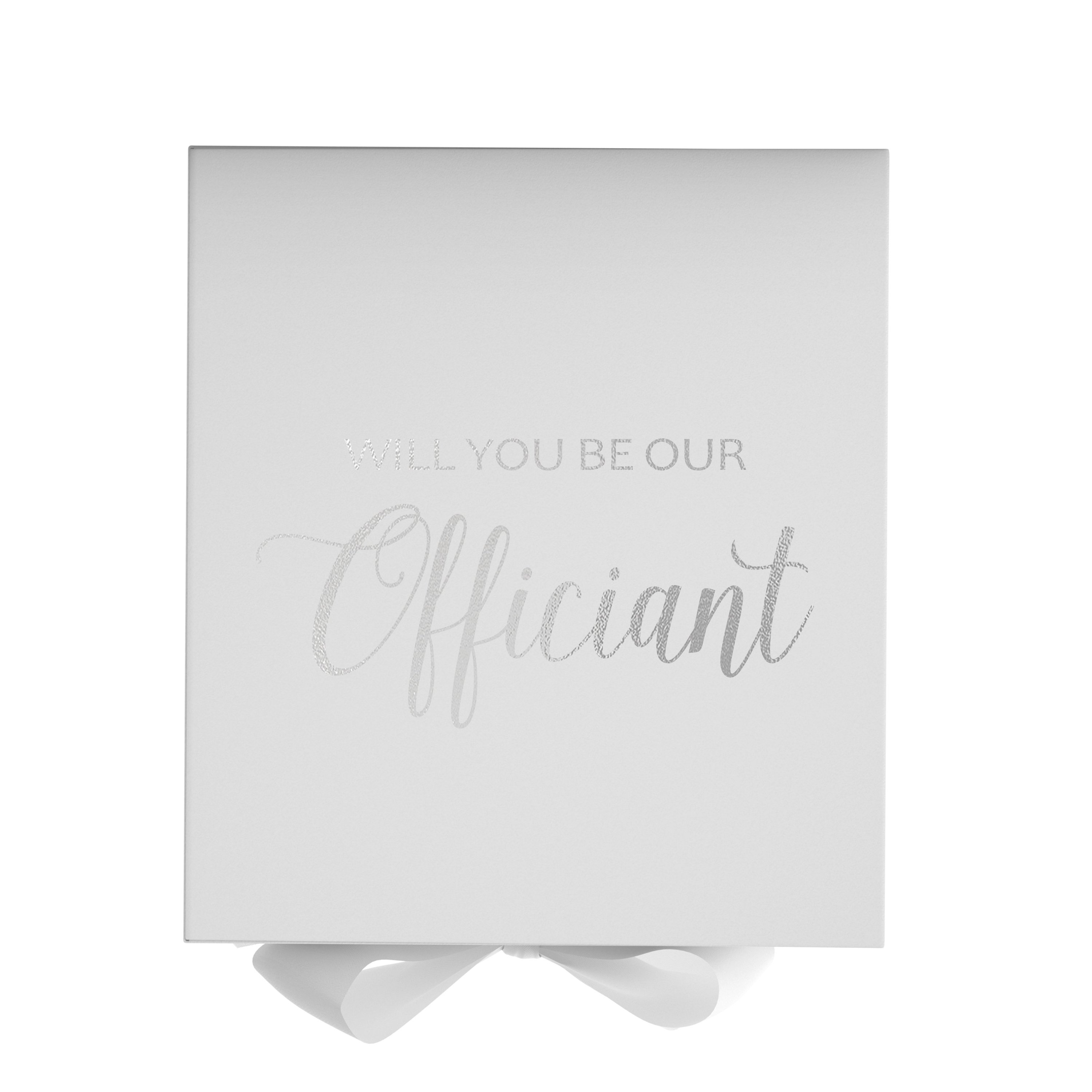 Elegant white proposal box with metallic writing, featuring a white bow and no border design.