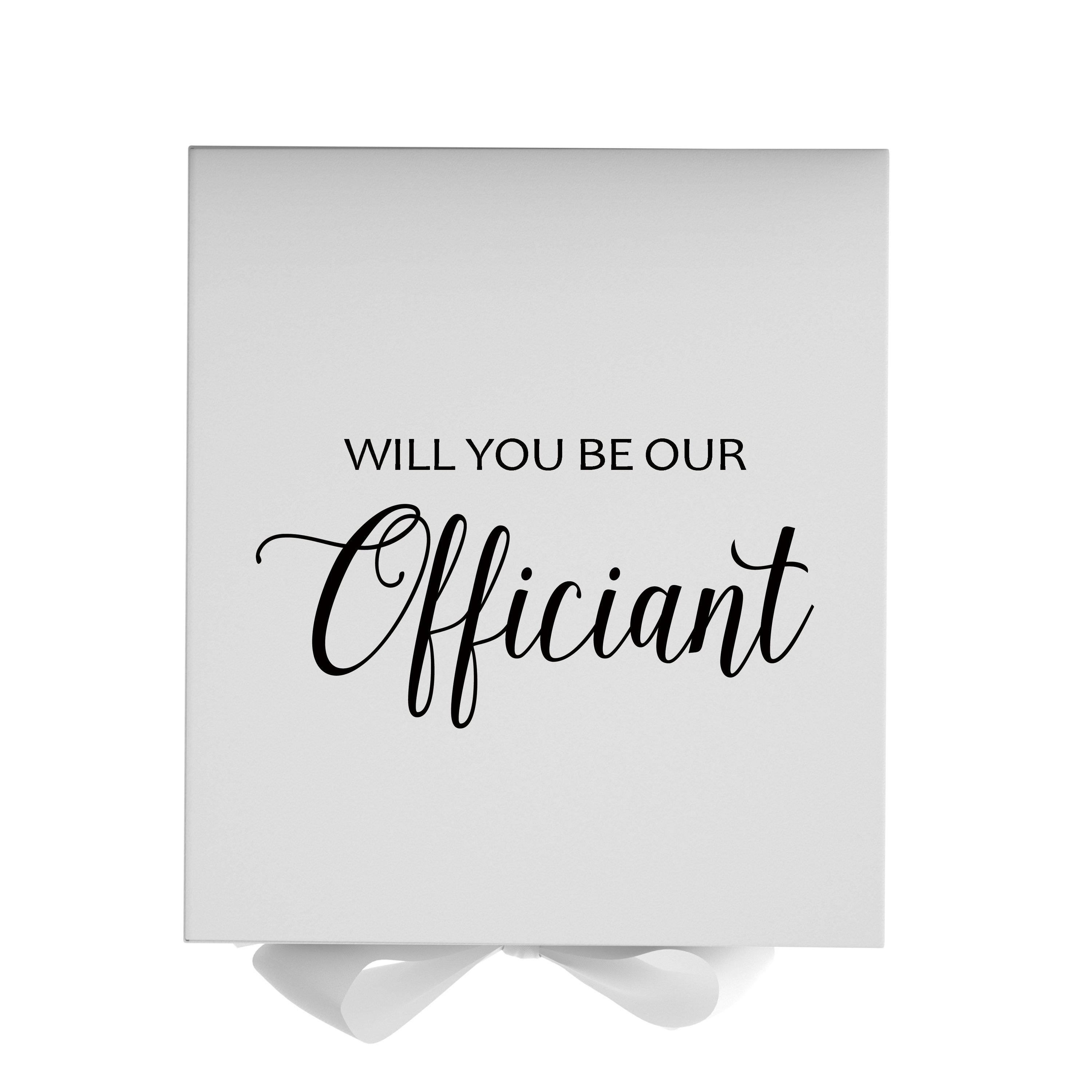 Elegant white proposal box with metallic writing, featuring a white bow and no border design.