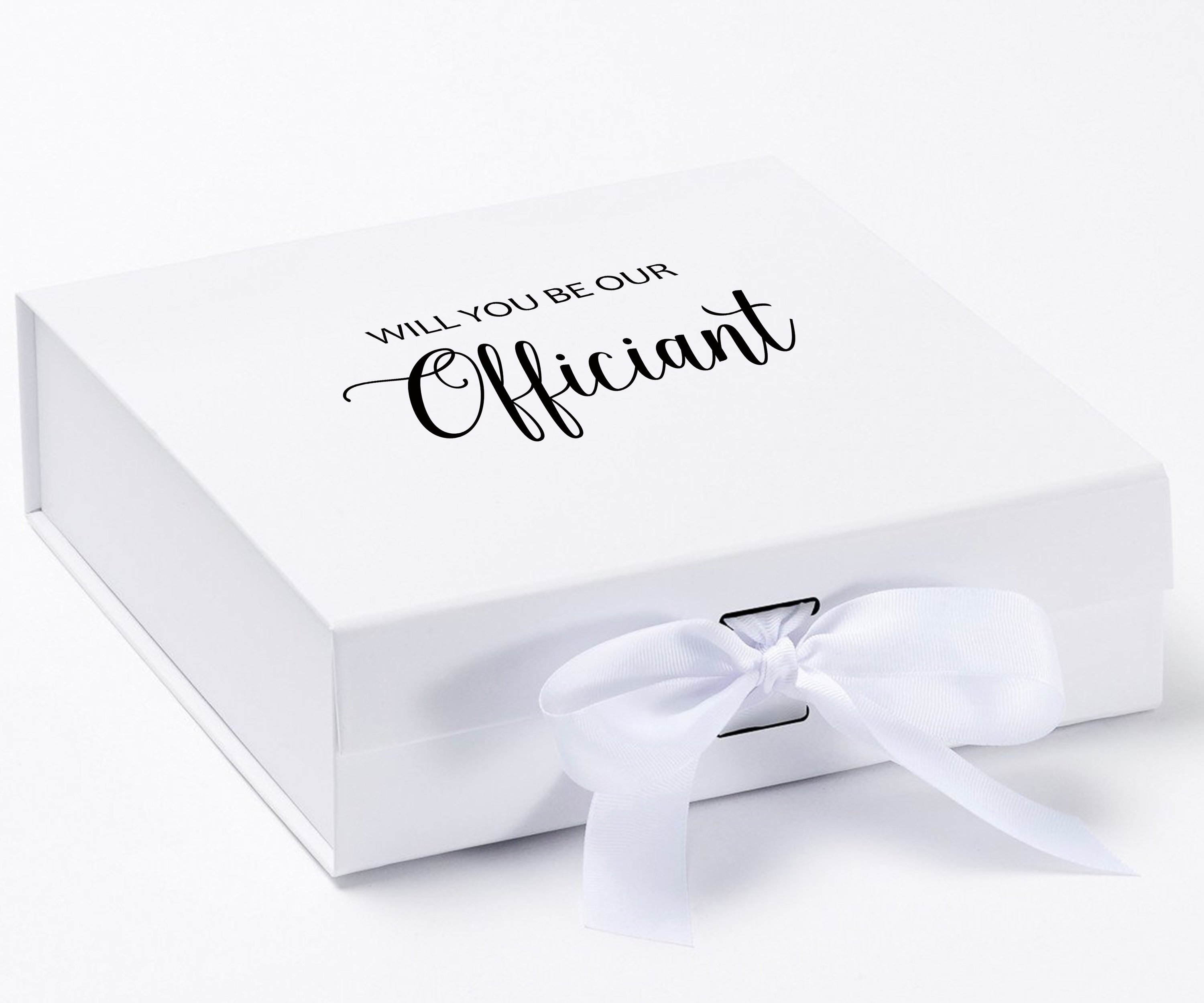 Elegant white proposal box with metallic writing, featuring a white bow and no border design.