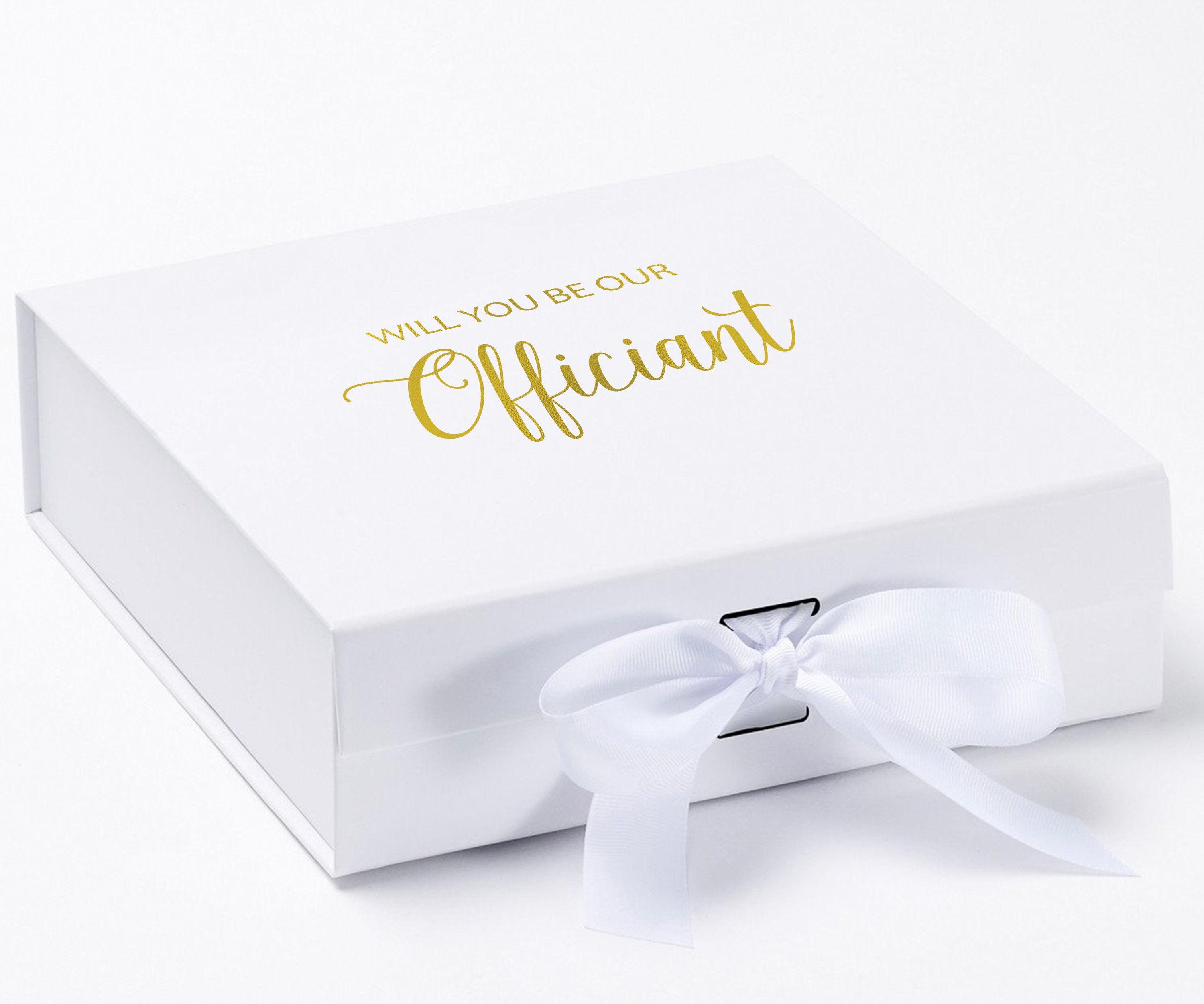 Elegant white proposal box with metallic writing, featuring a white bow and no border design.