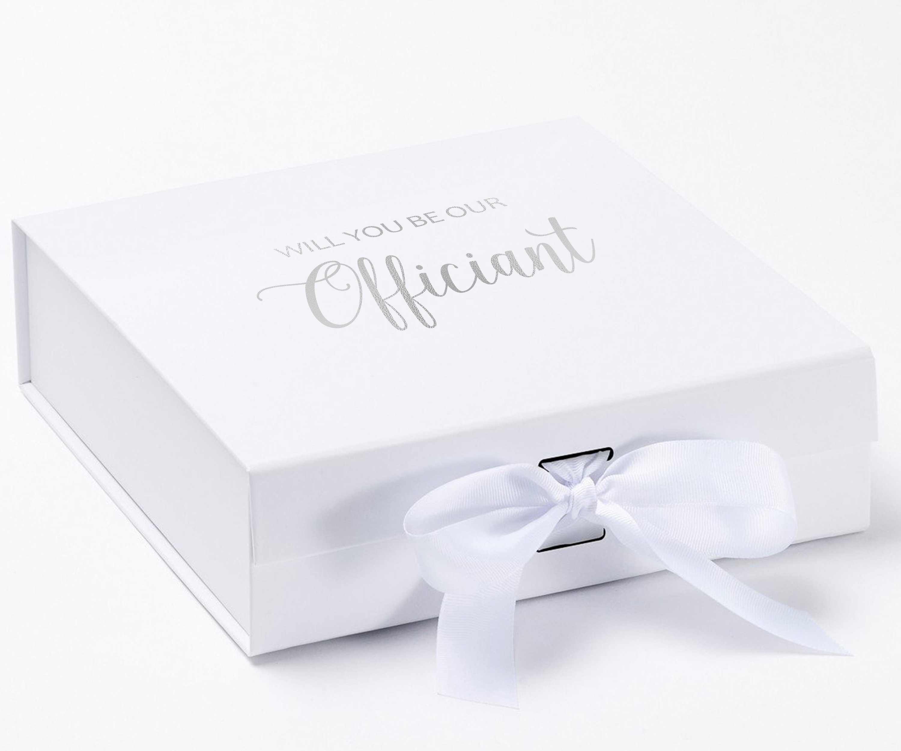 Elegant white proposal box with metallic writing, featuring a white bow and no border design.