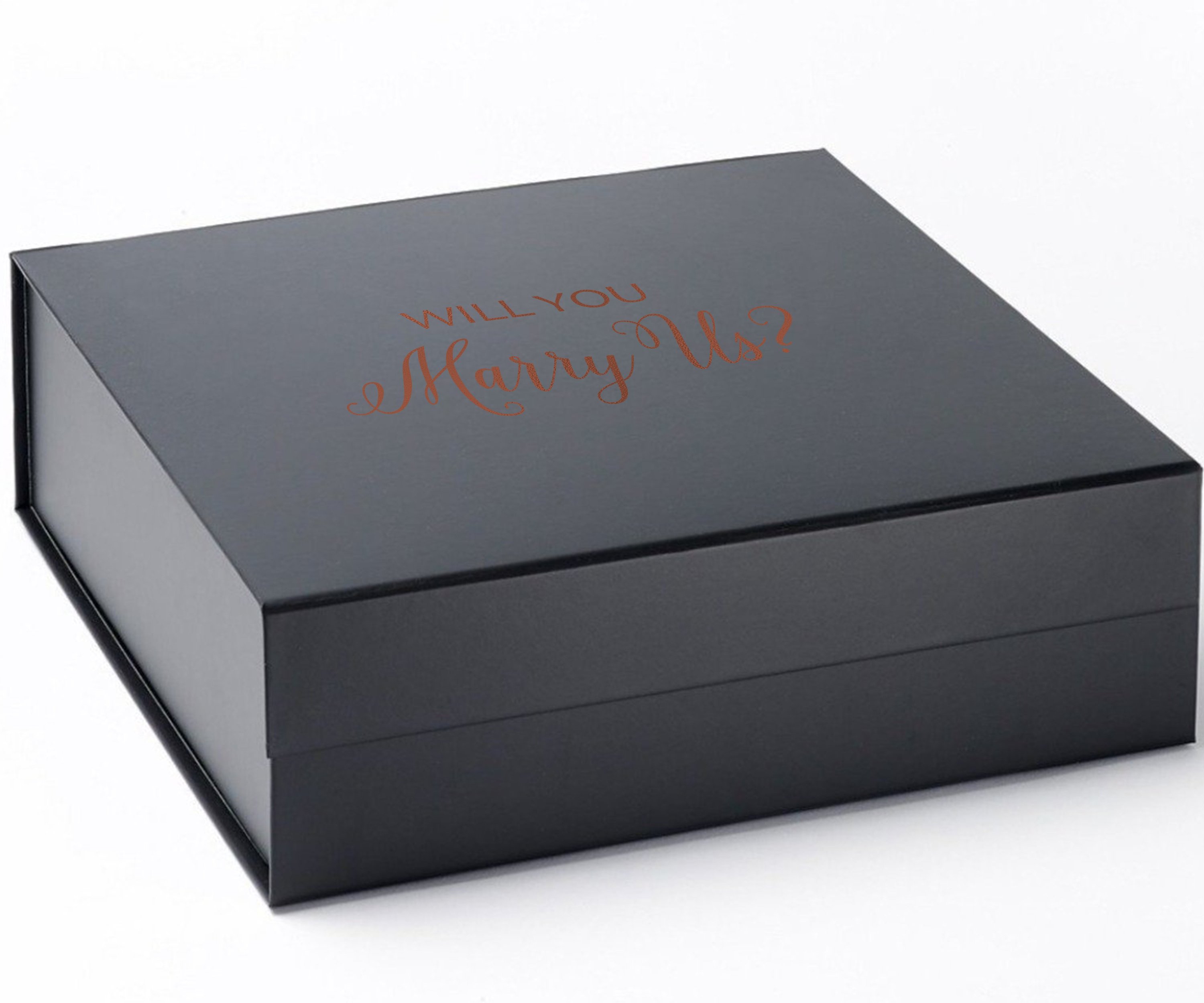 Elegant black proposal box with metallic writing, showcasing a sleek design without ribbon or border.