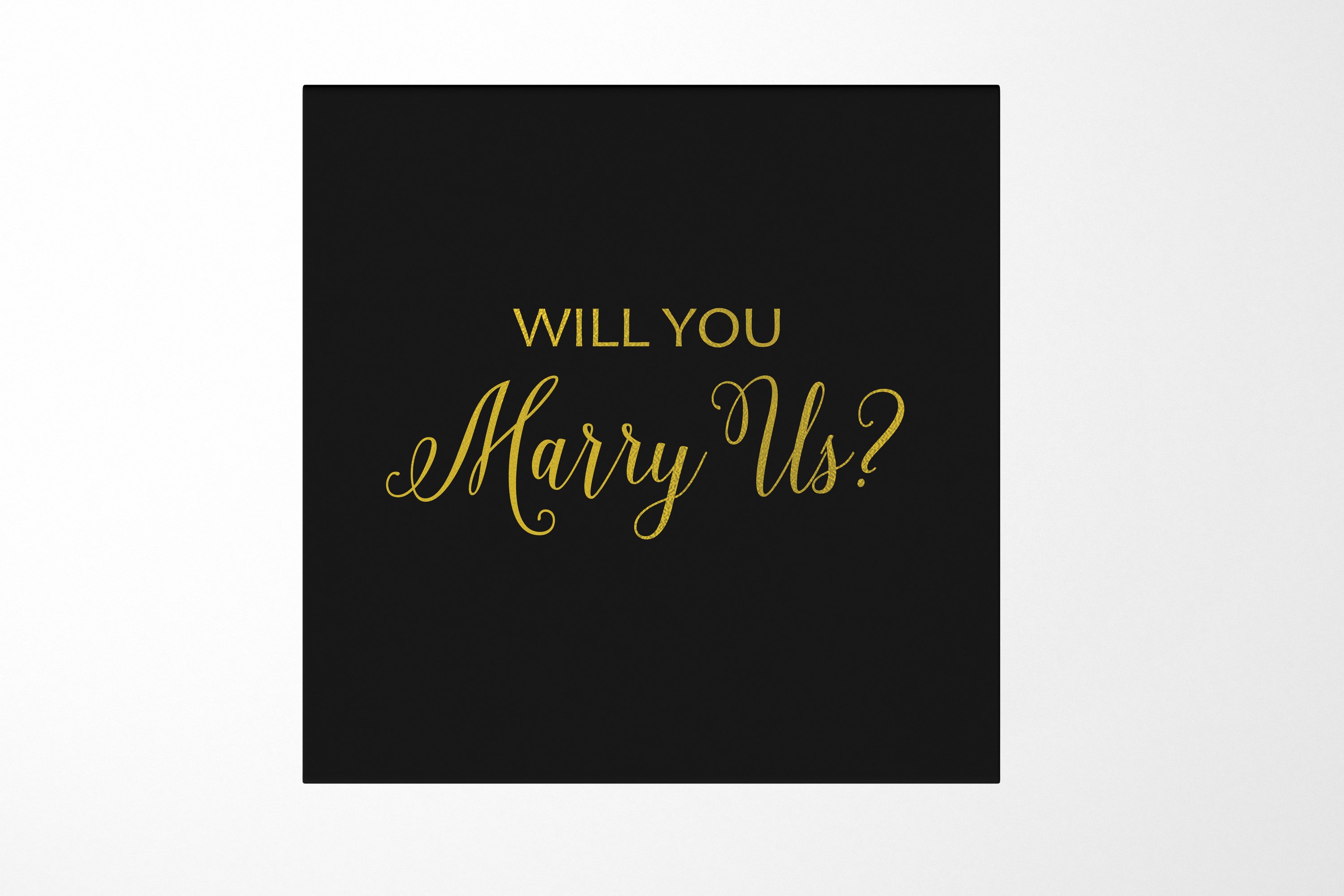 Elegant black proposal box with metallic writing, showcasing a sleek design without ribbon or border.