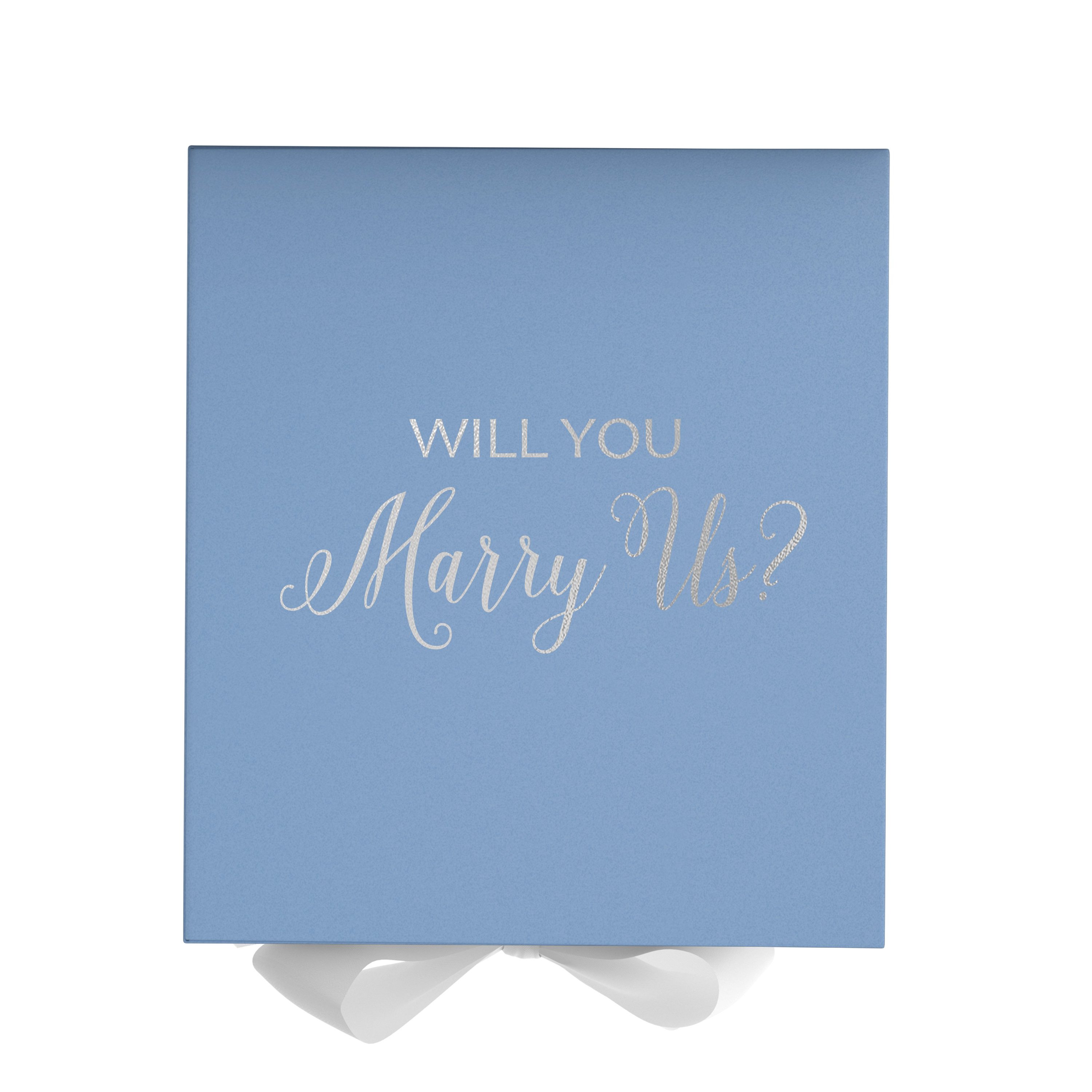 Light blue proposal box with white bow and metallic writing, perfect for engagement gifts.