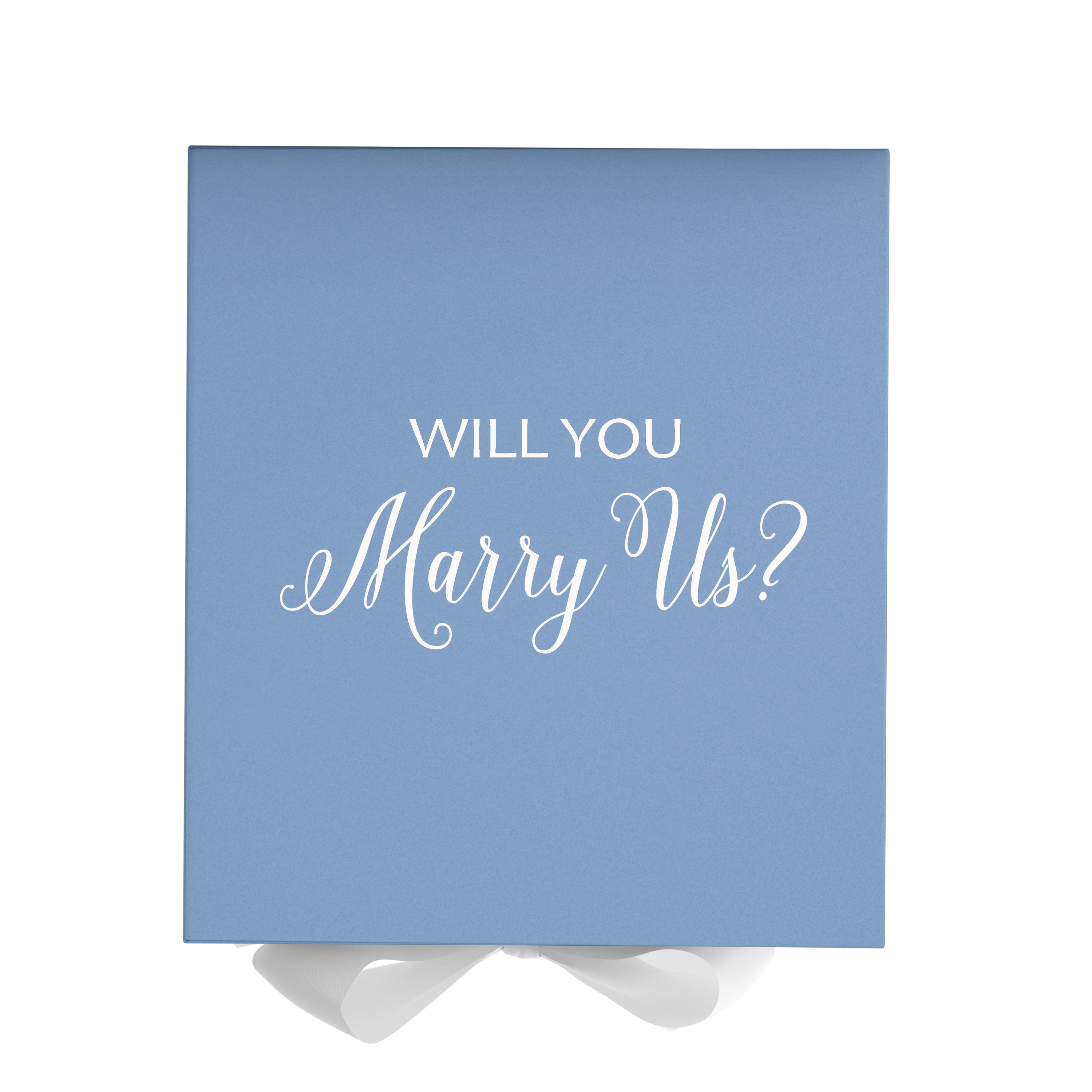 Light blue proposal box with white bow and metallic writing, perfect for engagement gifts.