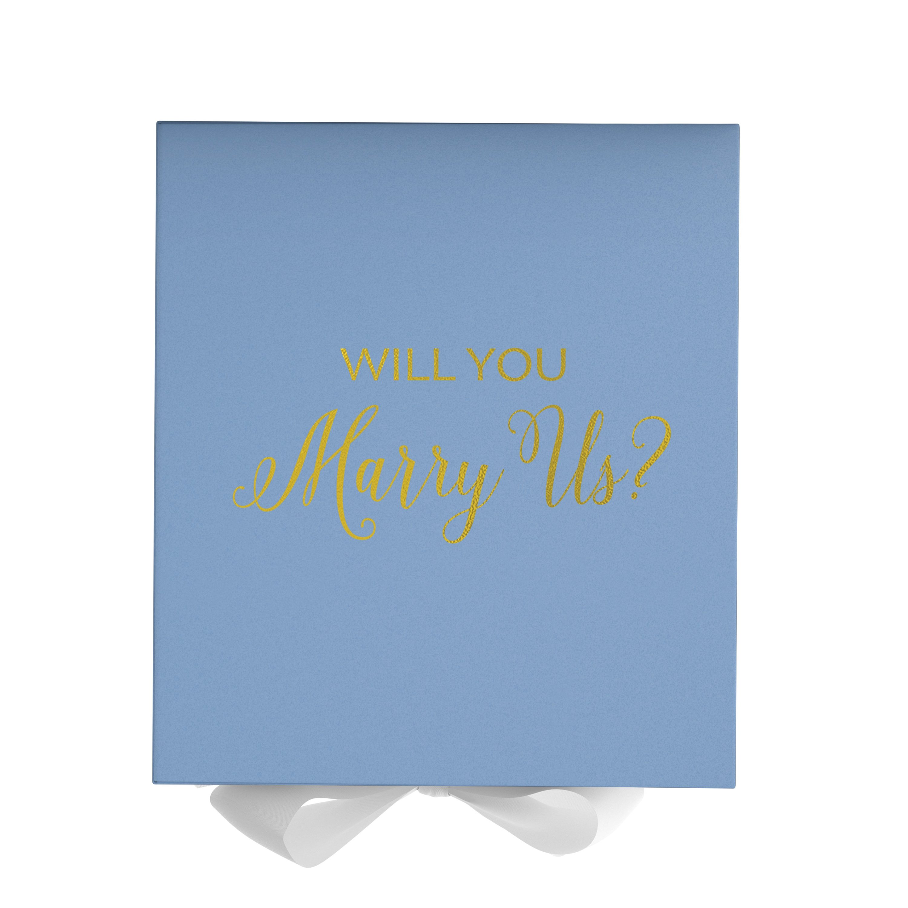 Light blue proposal box with white bow and metallic writing, perfect for engagement gifts.