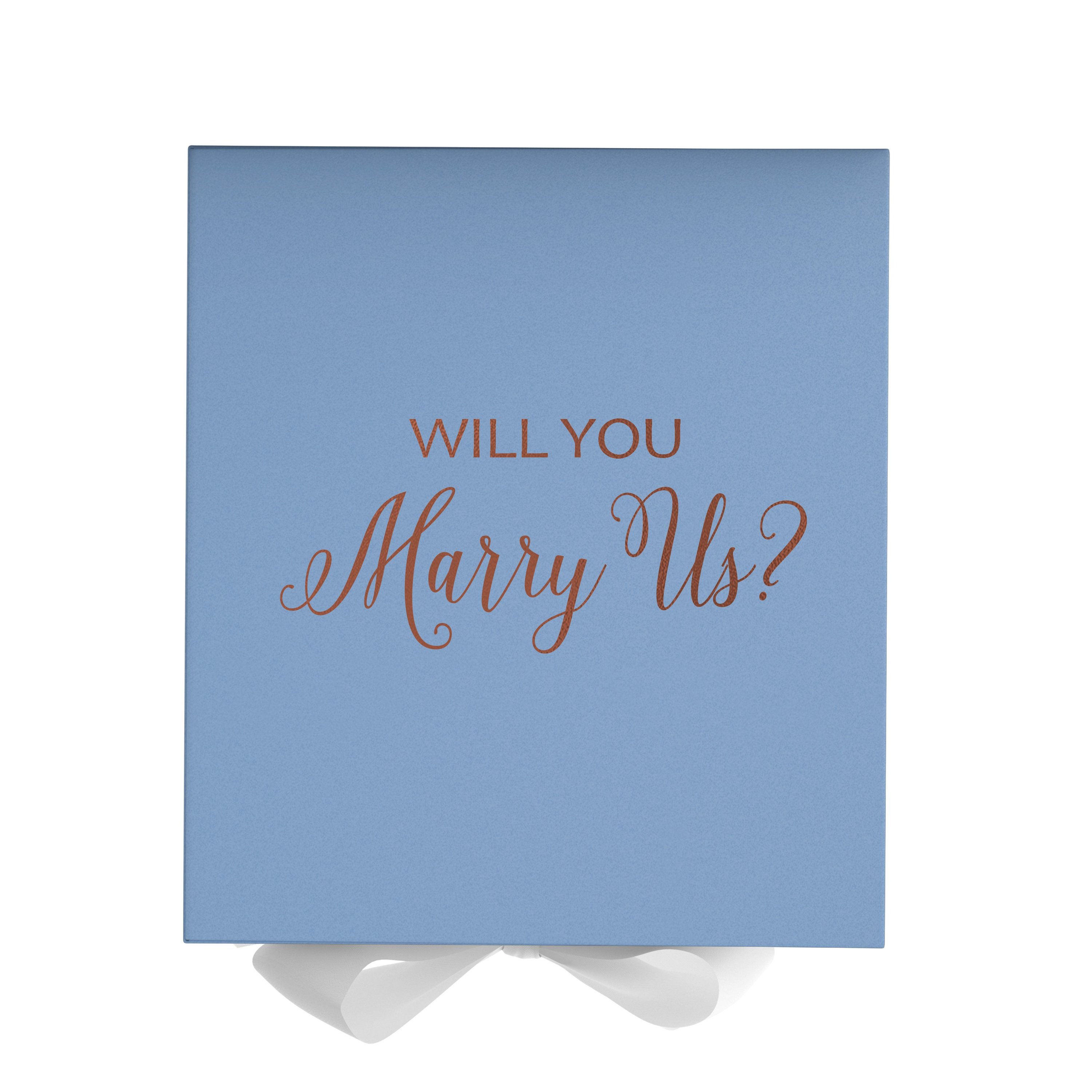 Light blue proposal box with white bow and metallic writing, perfect for engagement gifts.