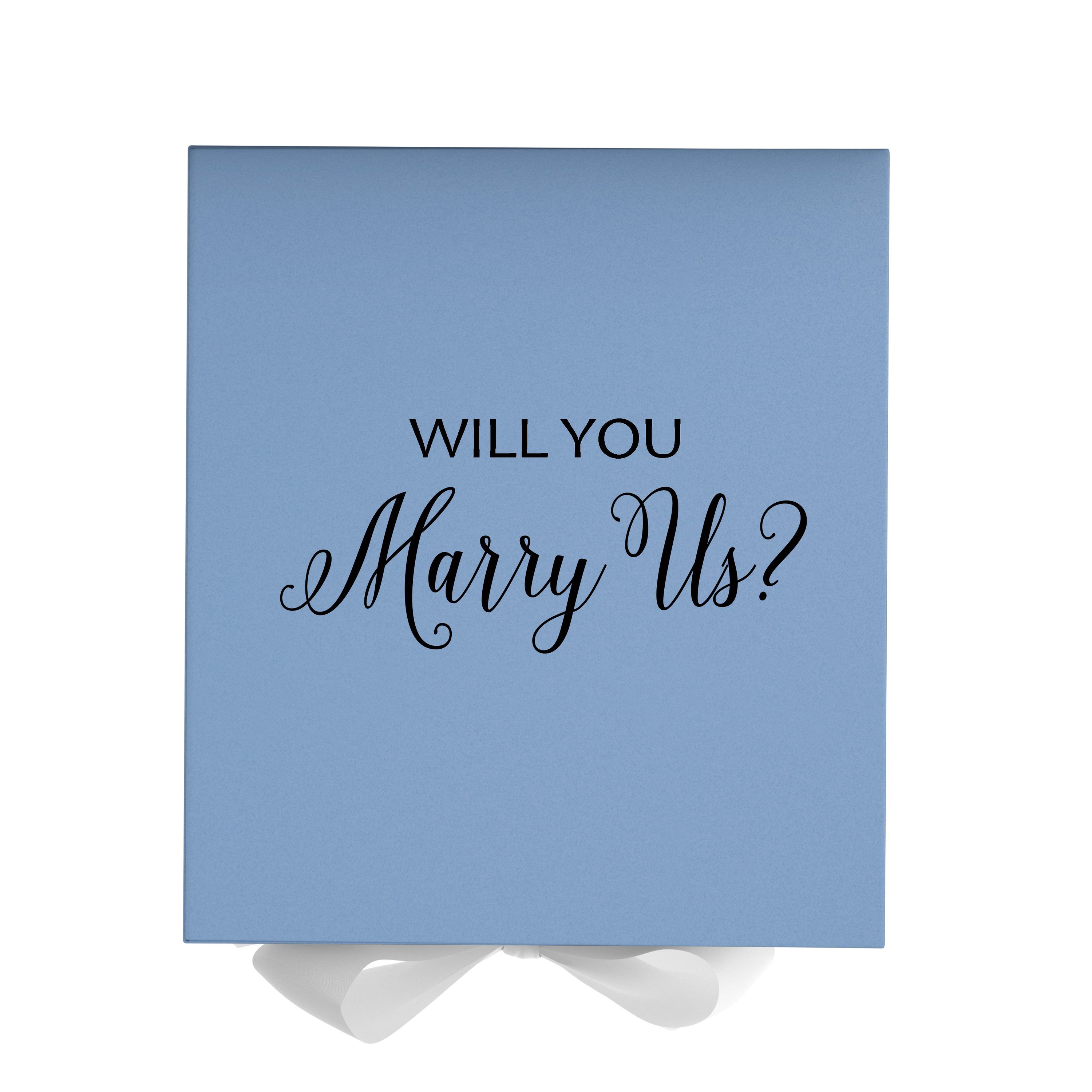 Light blue proposal box with white bow and metallic writing, perfect for engagement gifts.