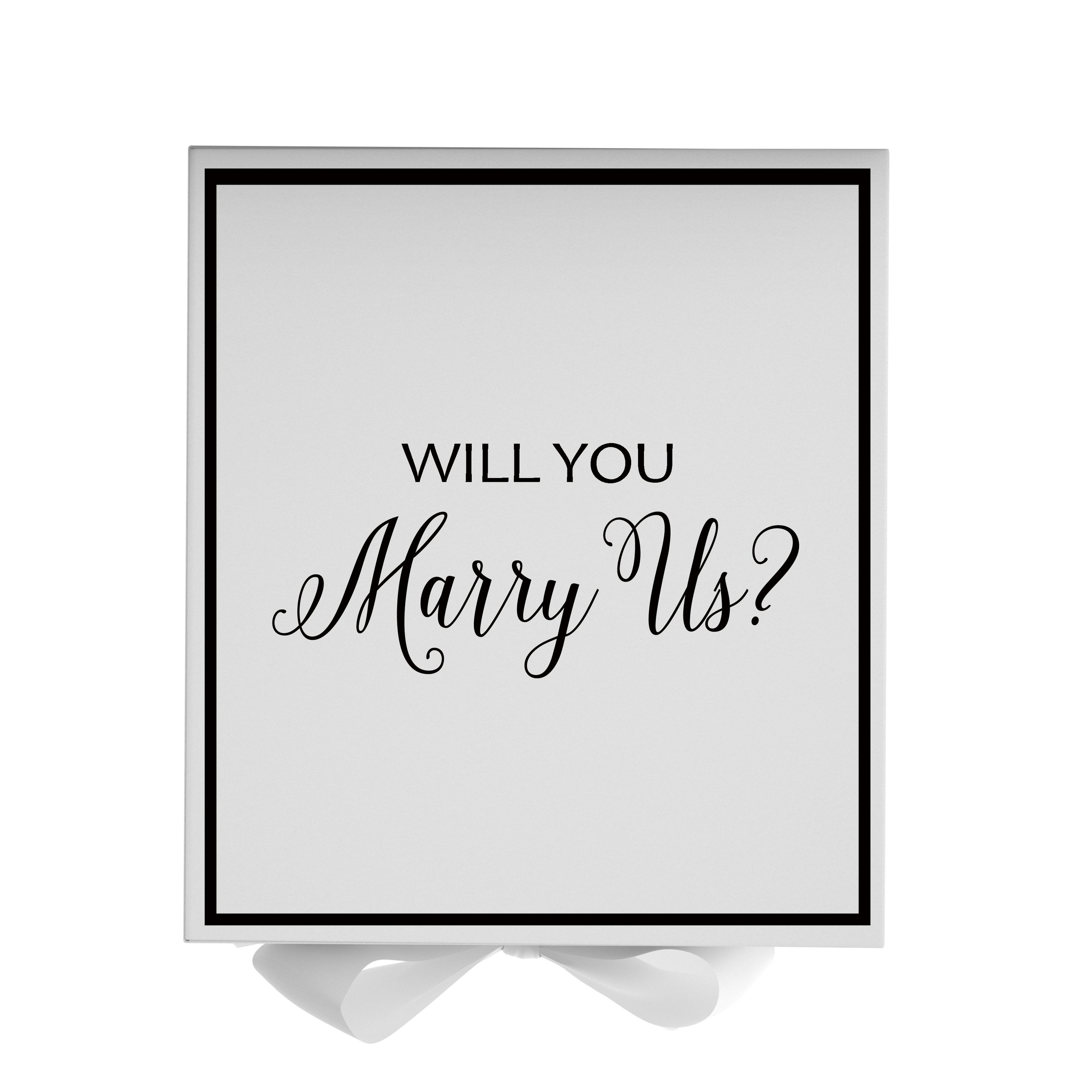 Elegant white proposal box with metallic writing, featuring a white bow and a luxurious finish.