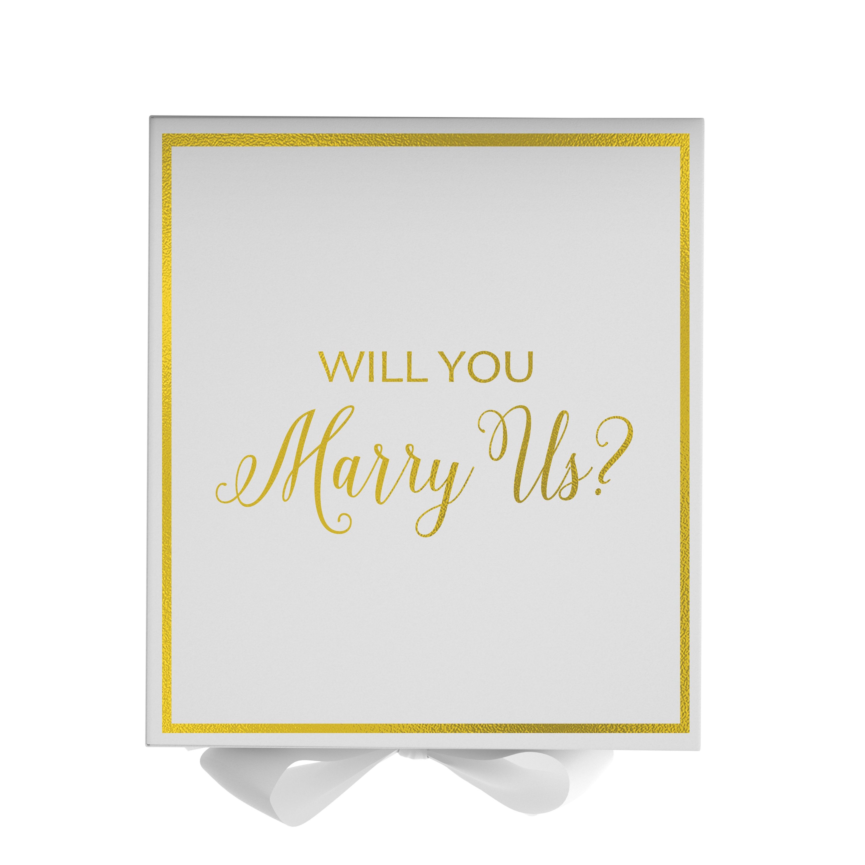 Elegant white proposal box with metallic writing, featuring a white bow and a luxurious finish.