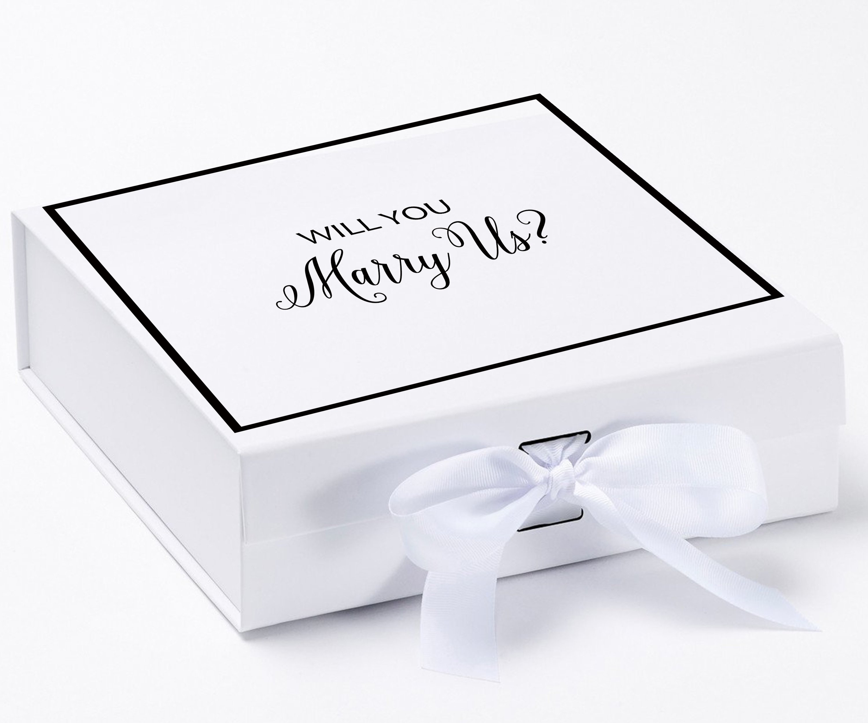 Elegant white proposal box with metallic writing, featuring a white bow and a luxurious finish.