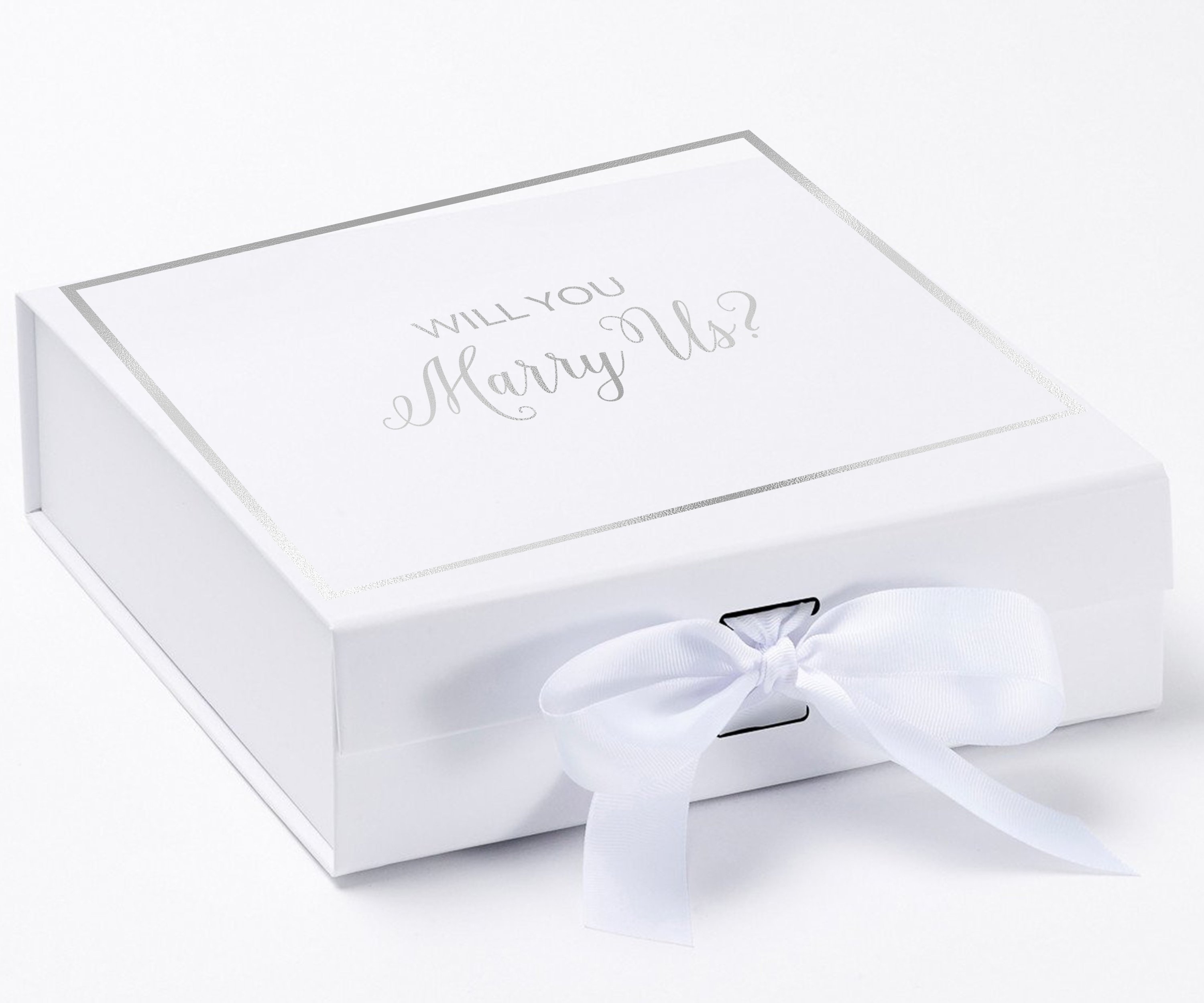 Elegant white proposal box with metallic writing, featuring a white bow and a luxurious finish.