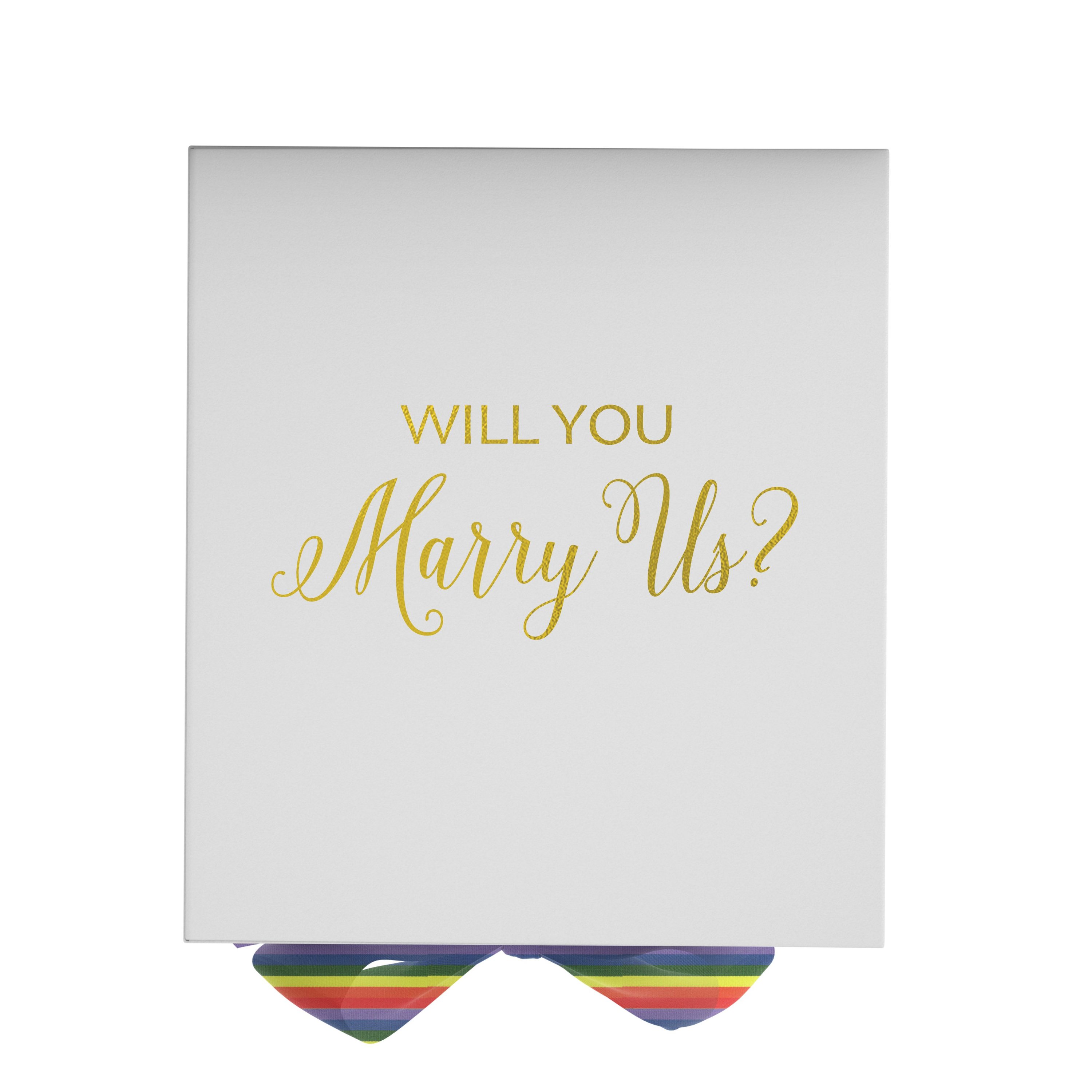 Elegant white proposal box with metallic writing and rainbow ribbon, perfect for marriage proposals.