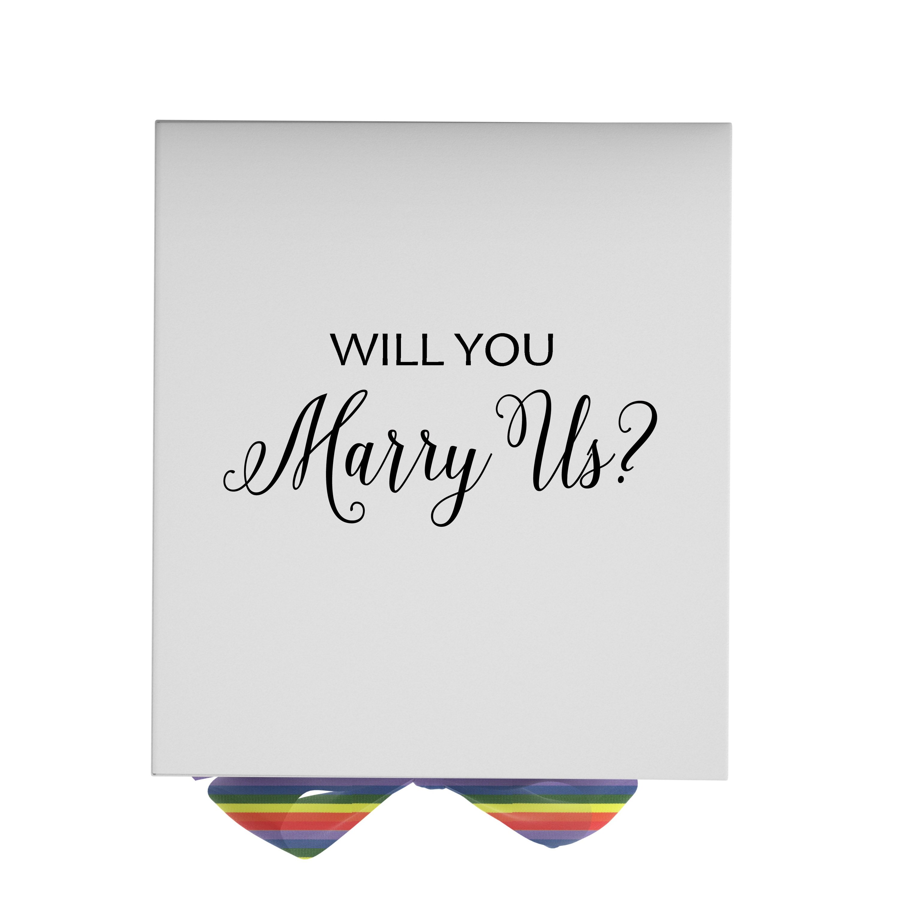 Elegant white proposal box with metallic writing and rainbow ribbon, perfect for marriage proposals.