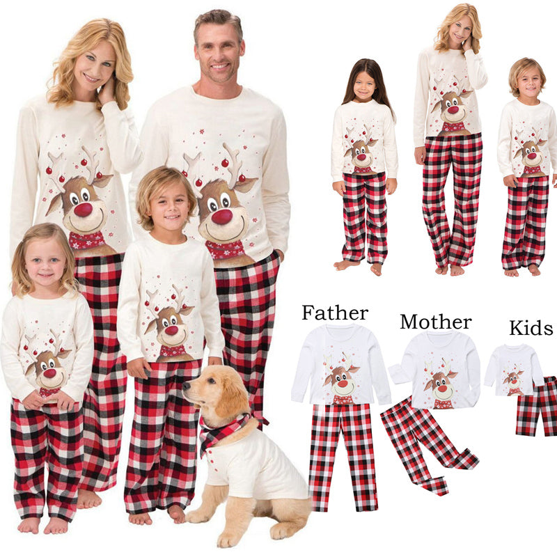 Christmas Family Matching Pajamas Set featuring a festive deer design, available in various sizes for adults and kids, made from soft cotton-polyester blend.