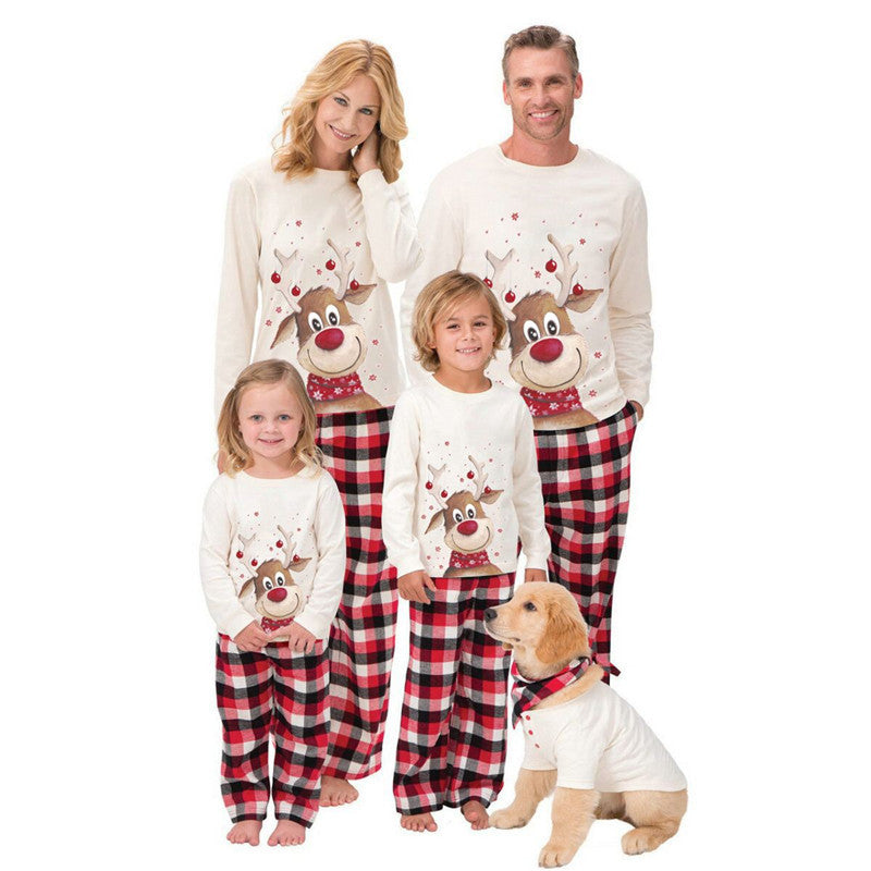 Christmas Family Matching Pajamas Set featuring a festive deer design, available in various sizes for adults and kids, made from soft cotton-polyester blend.