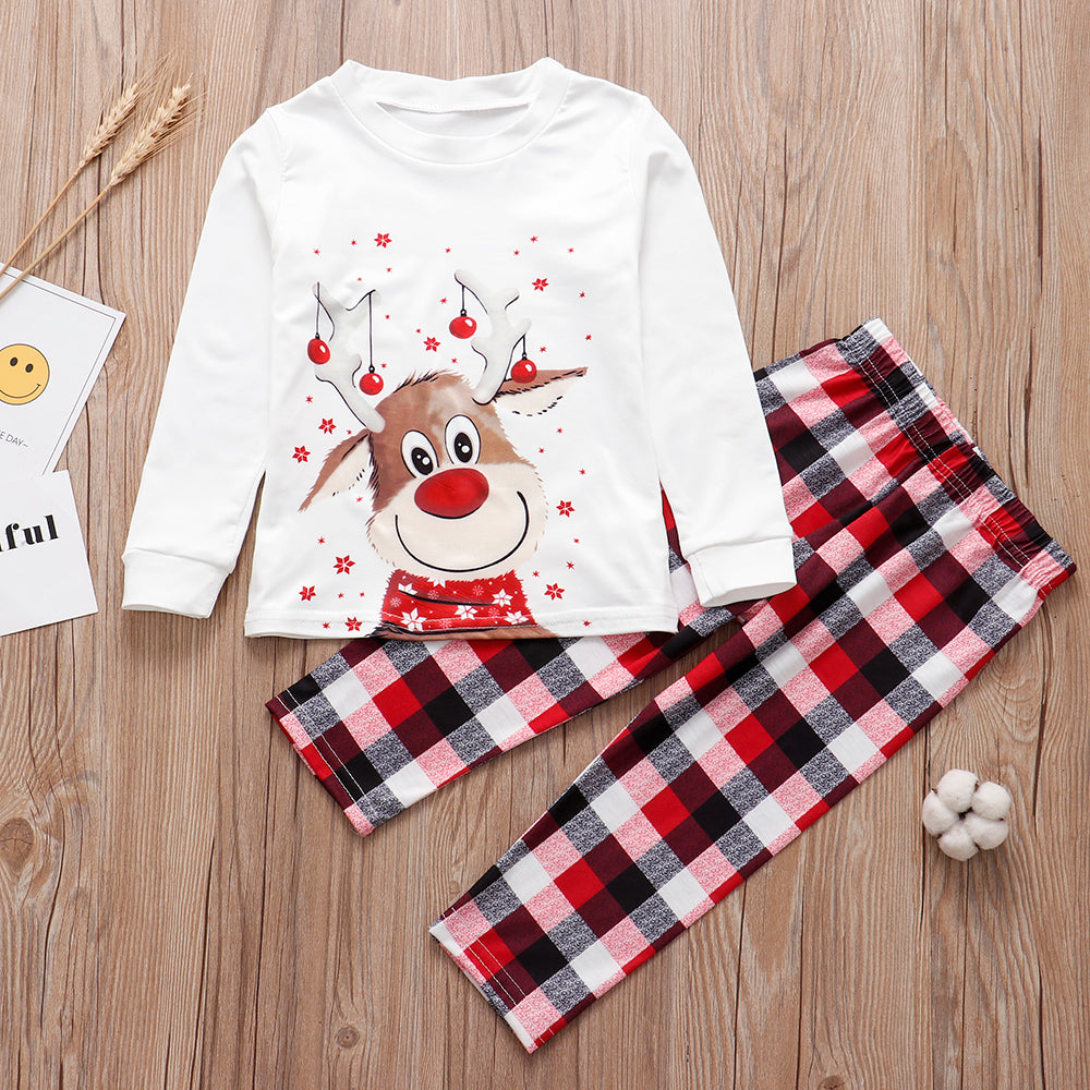 Christmas Family Matching Pajamas Set featuring a festive deer design, available in various sizes for adults and kids, made from soft cotton-polyester blend.