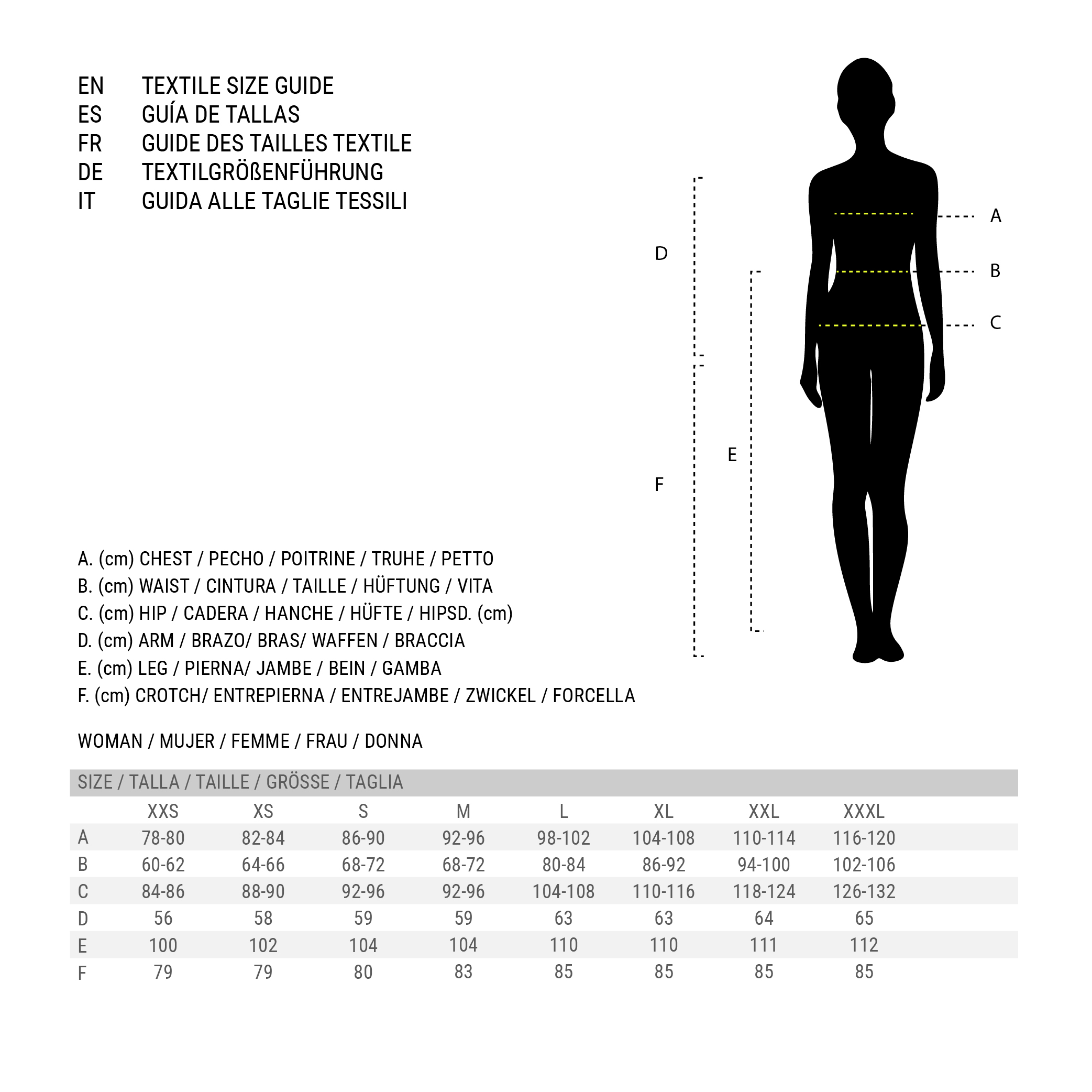 Textile size guide with measurements.