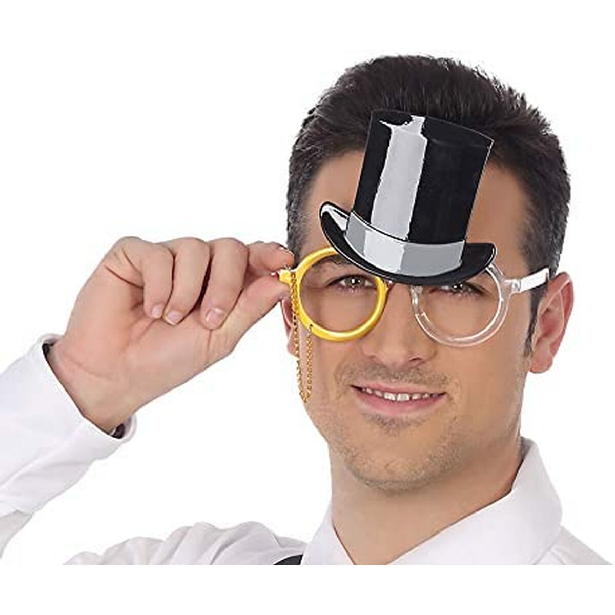 Man with novelty glasses and hat.