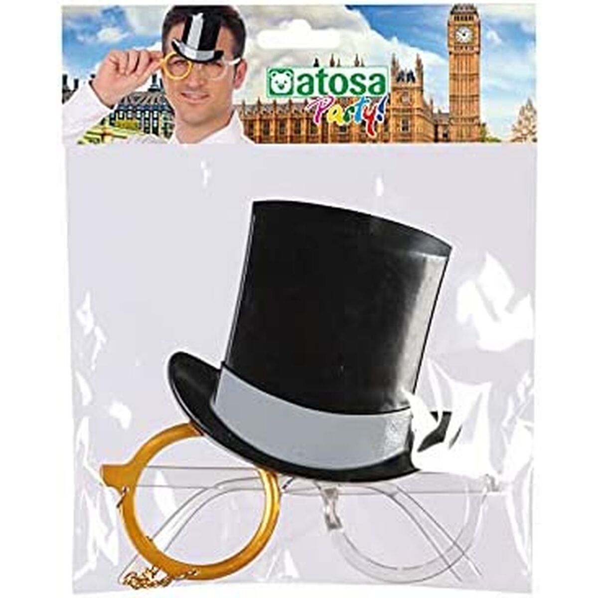 Black top hat and monocle accessories.