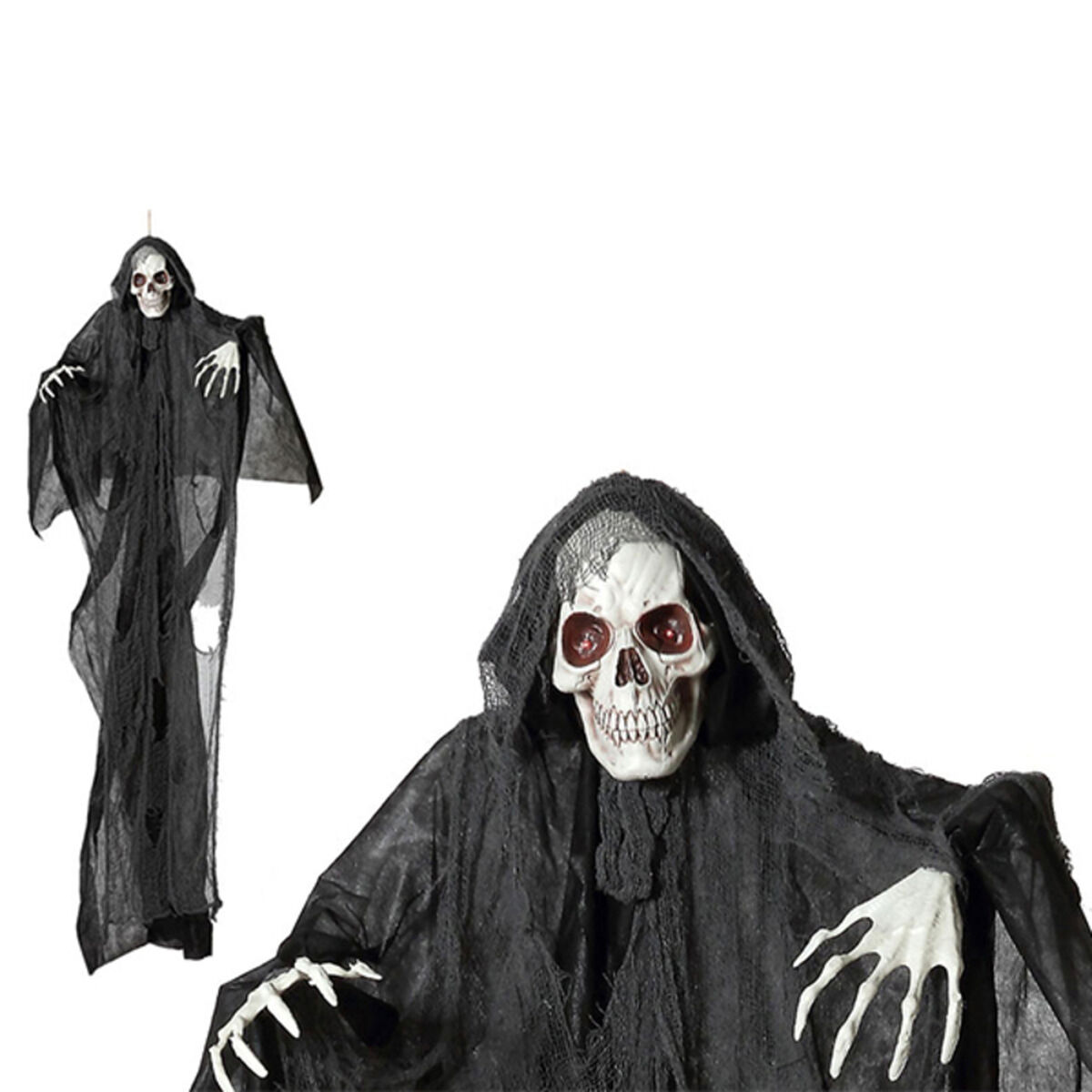 Skeleton in black hooded robe.