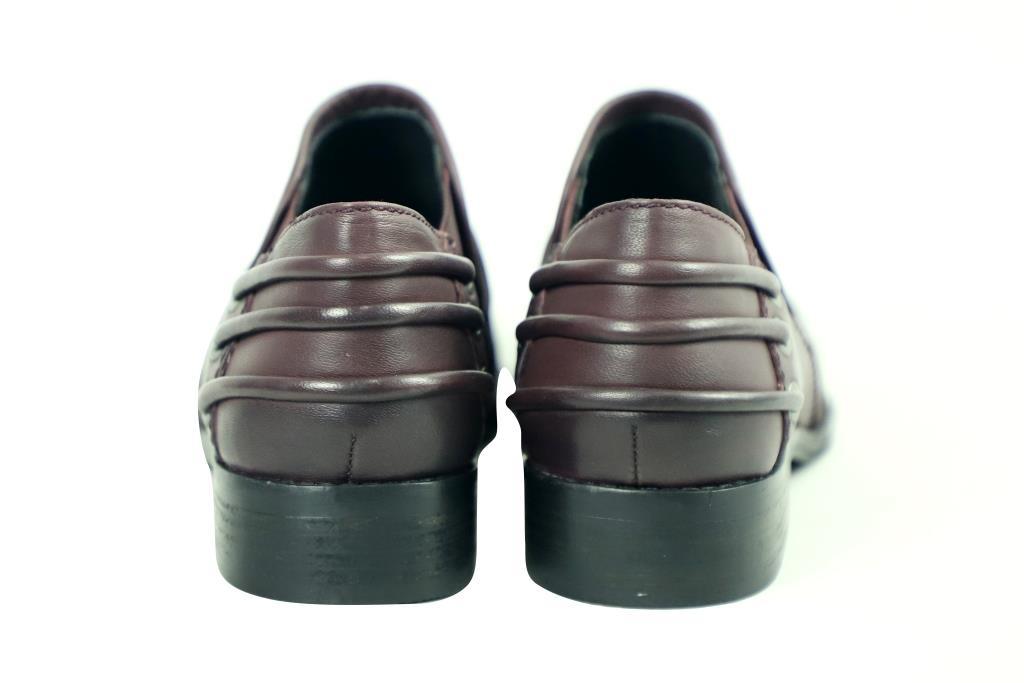 Annie Burgundy Dress Loafer showcasing elegant leather design, slouchy upper, decorative back cords, and low block heel.