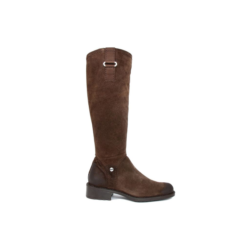 A pair of elegant brown leather knee high boots with a sturdy heel and rubber sole, showcasing their stylish design and quality craftsmanship.