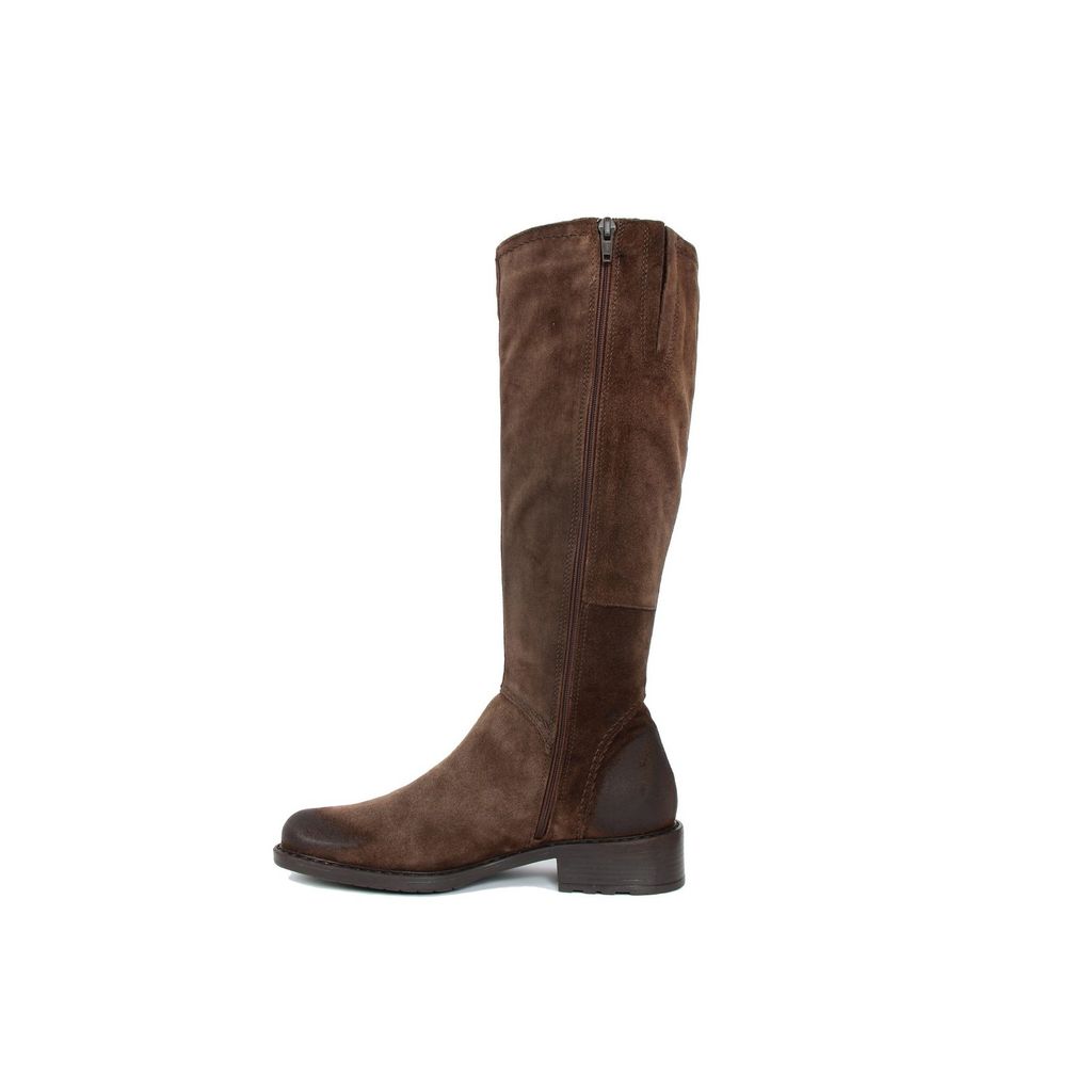 A pair of elegant brown leather knee high boots with a sturdy heel and rubber sole, showcasing their stylish design and quality craftsmanship.