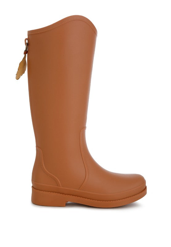 Indiana Charm Detail Calf Boots featuring a chic design with charm details, synthetic upper, and a 1-inch flat heel, perfect for rainy weather.