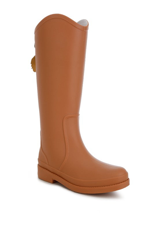 Indiana Charm Detail Calf Boots featuring a chic design with charm details, synthetic upper, and a 1-inch flat heel, perfect for rainy weather.