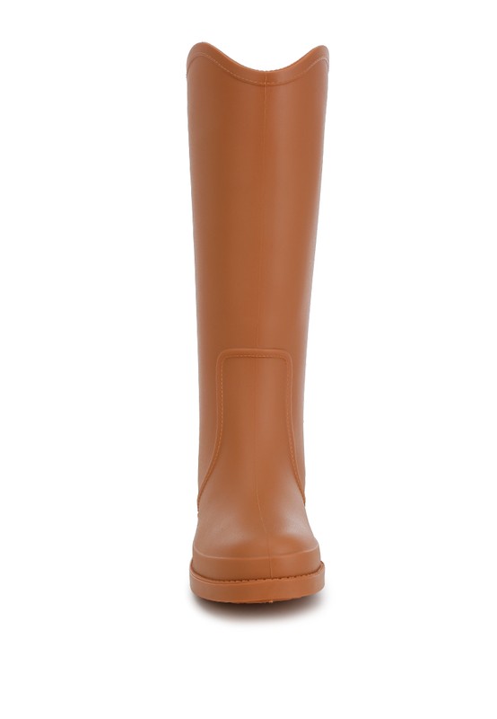 Indiana Charm Detail Calf Boots featuring a chic design with charm details, synthetic upper, and a 1-inch flat heel, perfect for rainy weather.