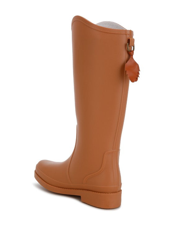 Indiana Charm Detail Calf Boots featuring a chic design with charm details, synthetic upper, and a 1-inch flat heel, perfect for rainy weather.