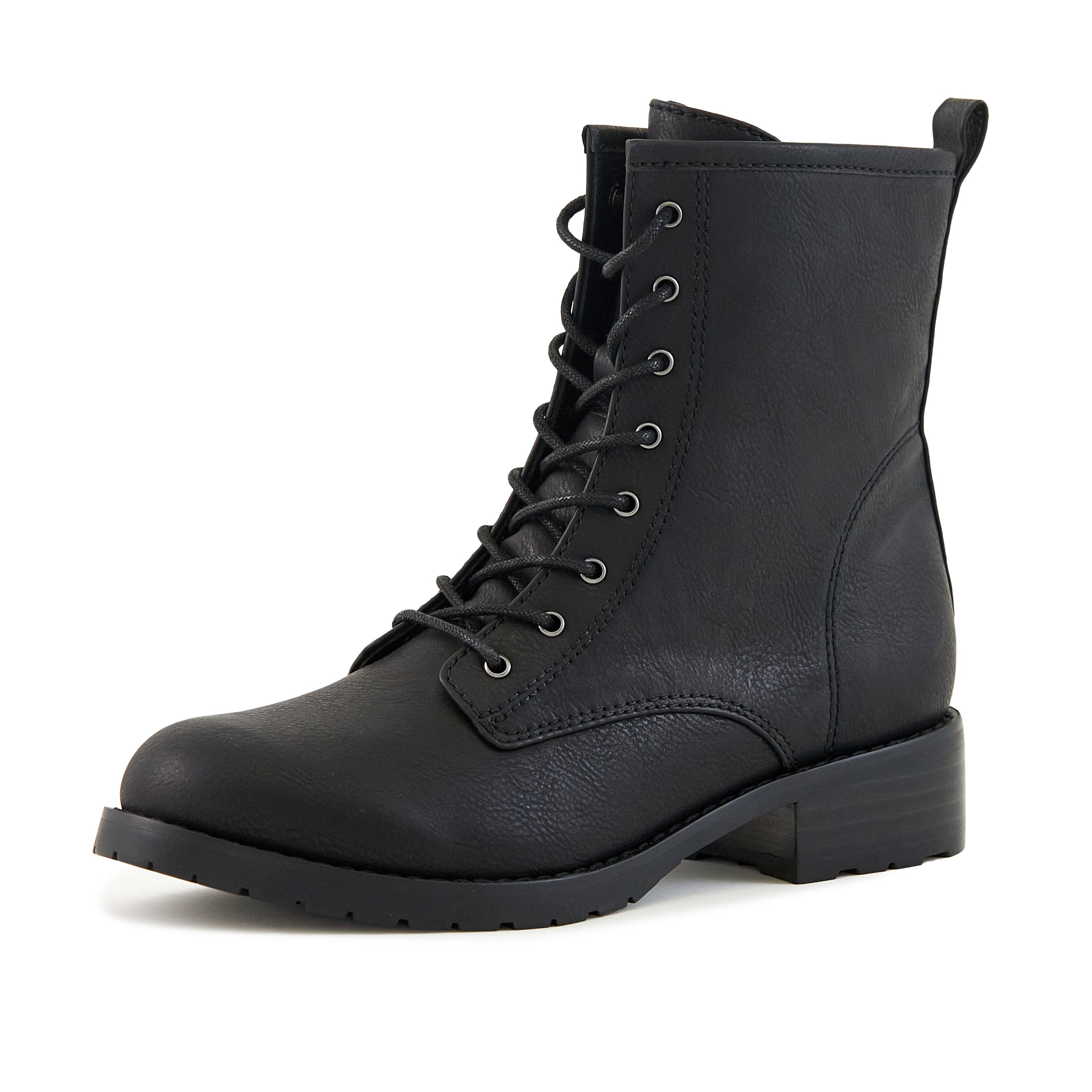 Stylish Women's Black Combat Boots with zipper closure and lace-up design, featuring a padded insole and grip sole for comfort and stability.