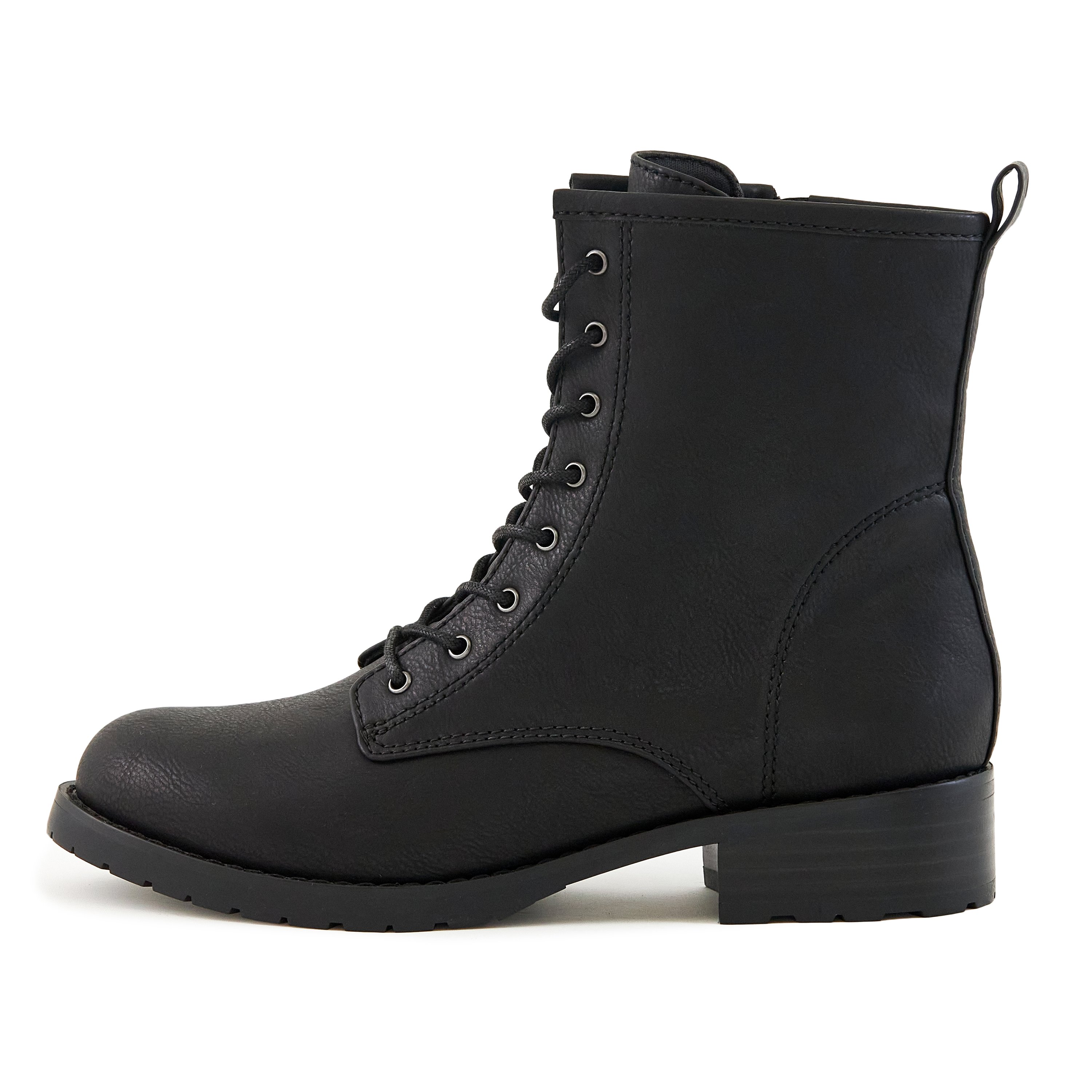 Stylish Women's Black Combat Boots with zipper closure and lace-up design, featuring a padded insole and grip sole for comfort and stability.